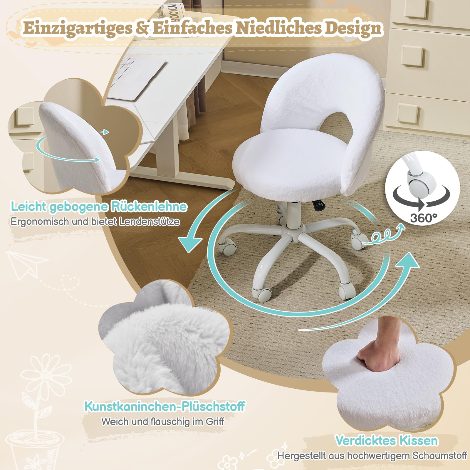 VINGLI Bürostuhl mit Rollen, Drehstuhl für mädchen Zimmer, Weiß