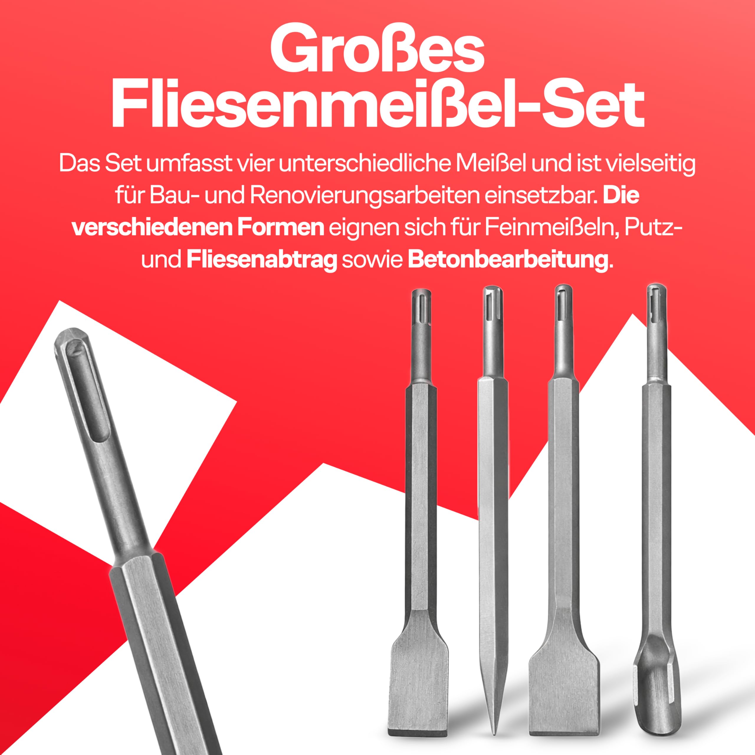 Retoo SDS Plus, set da 4 pezzi, 250 mm, scalpello per piastrelle, a punta, a punta, per calcestruzzo, mattoni, colla, asfalto, accessori per impatto