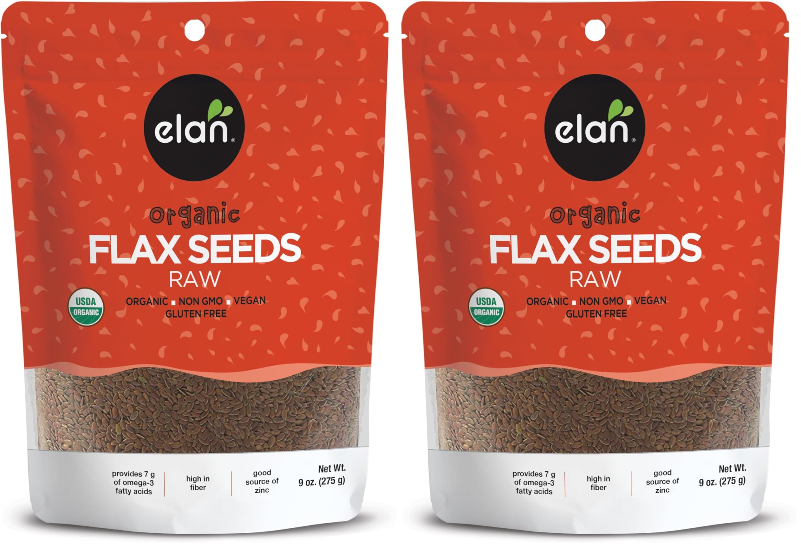 Elan Organic Flax Seed, 9.7 oz, Whole Seeds, Raw Seeds, Non-GMO, Vegan, Gluten-Free, Kosher, High in Fiber, Gels Easily (Pack of 2)