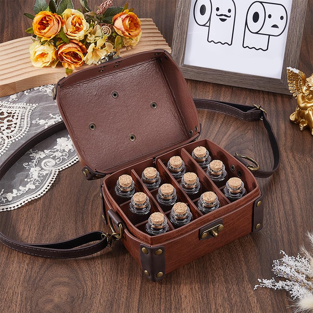 Coffret D'Alchimie Médiéval en Cuir PU avec 12 fiole de Potion en Liège Sac Bandoulière Portable Porte Dés pour Bijoux et Jeux de Rôle (D&D) Sac Banane pour Homme et Femme Costume