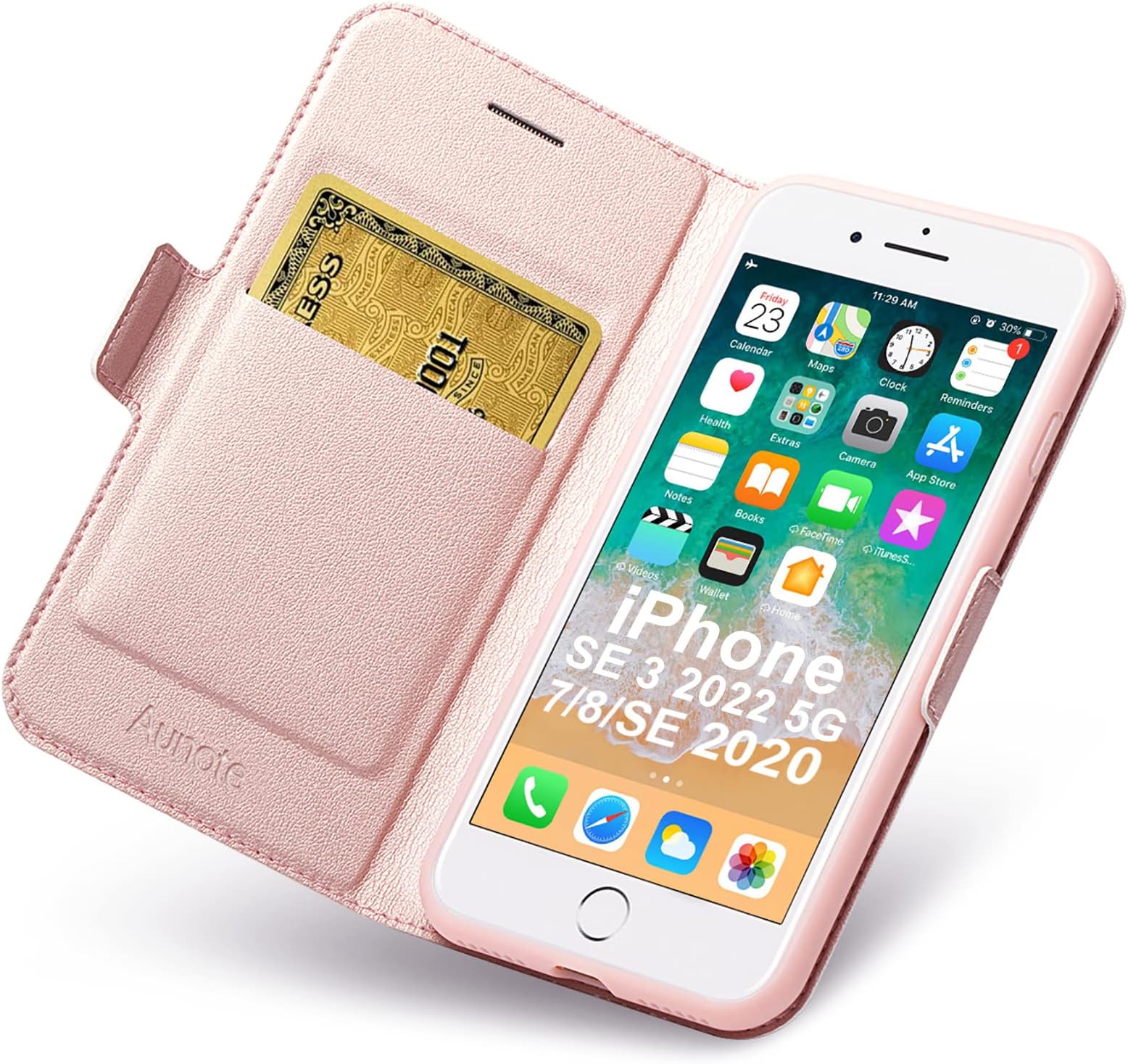 Aunote iPhone SE 3 2022 5G Case Flip, iPhone SE 2020 Wallet Case, iPhone 8 Case with Card Holder, iPhone 7 Phone Case, Ultra Slim PU Leather Full Protection Cocer for iPhone SE3/SE2/8/7. Rose Gold