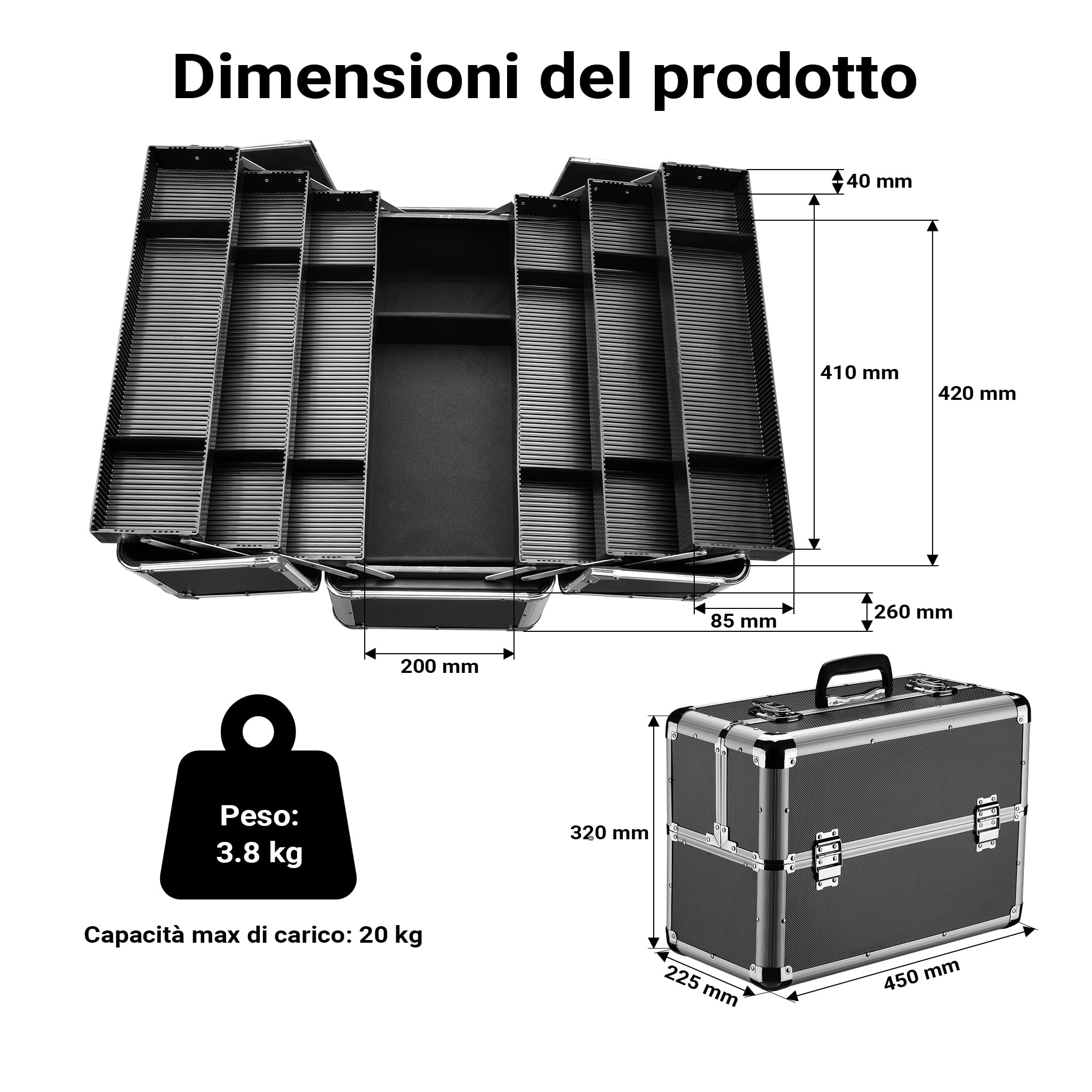Wiltec Cassetta attrezzi vuota in alluminio con 2 chiavi, valigetta universale per attrezzi 45 x 32 x 22,5 cm, hobby, lavoro, cassetta portautensili con separatori,