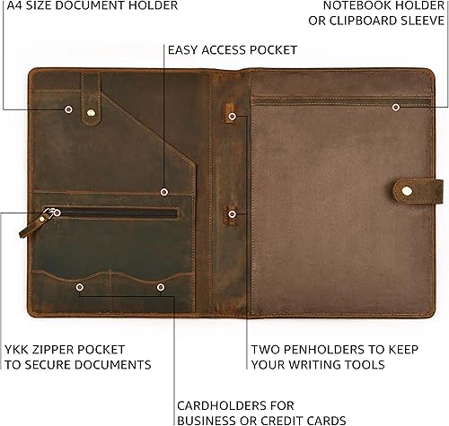 Miniatura 3 de Cartera de cuero genuino  Organizador profesional marrón y carpeta de currículum, cartera de documentos comerciales de cuero antiguo con almohadilla