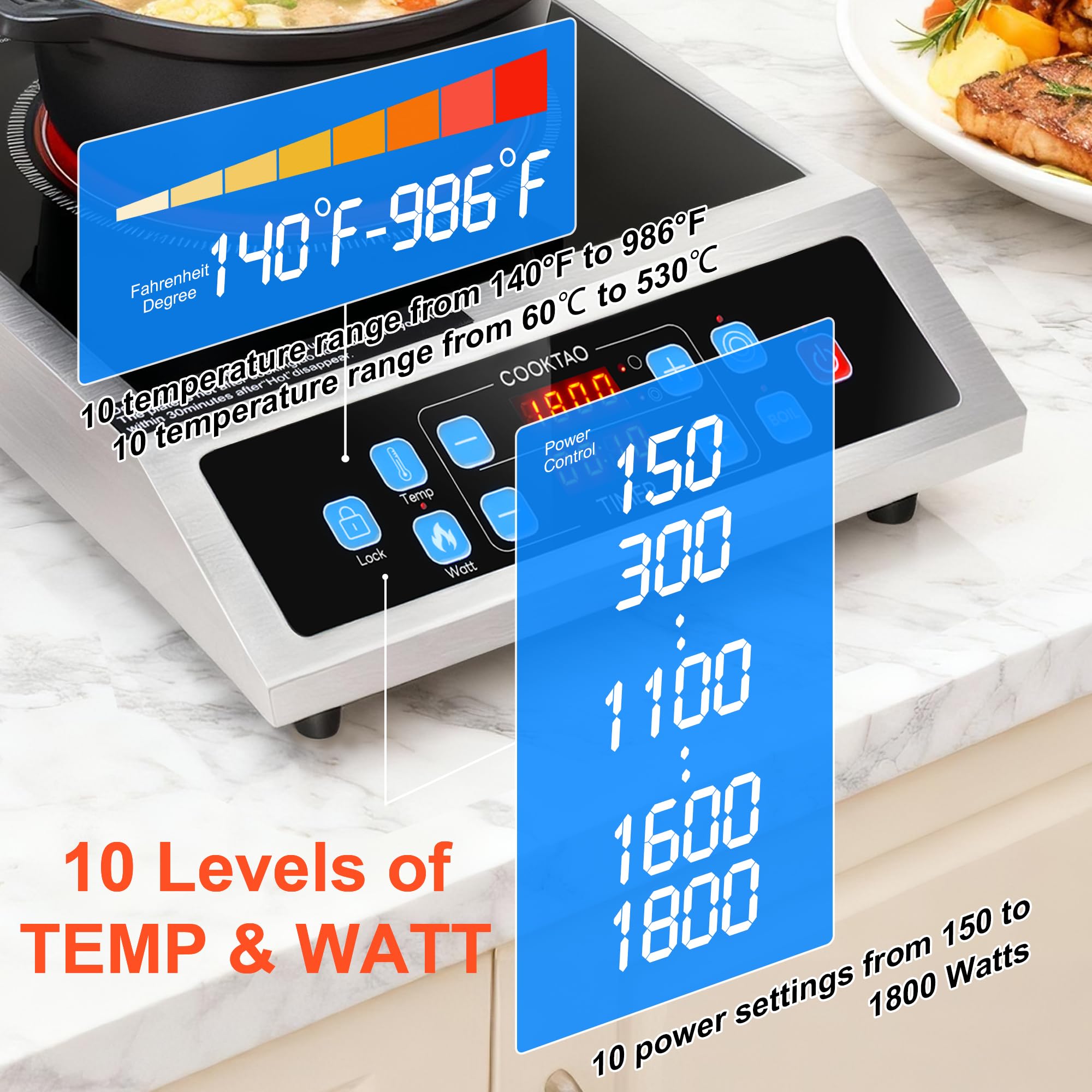 Dual Coils Design of Stainless Steel Single Burner Electric Cooktop, 1800W Commercial Ceramic Infrared Cooking Hot Plate, 12 inch Portable Countertop Radiant Stove Top Cooker with WATT n TEMP Control