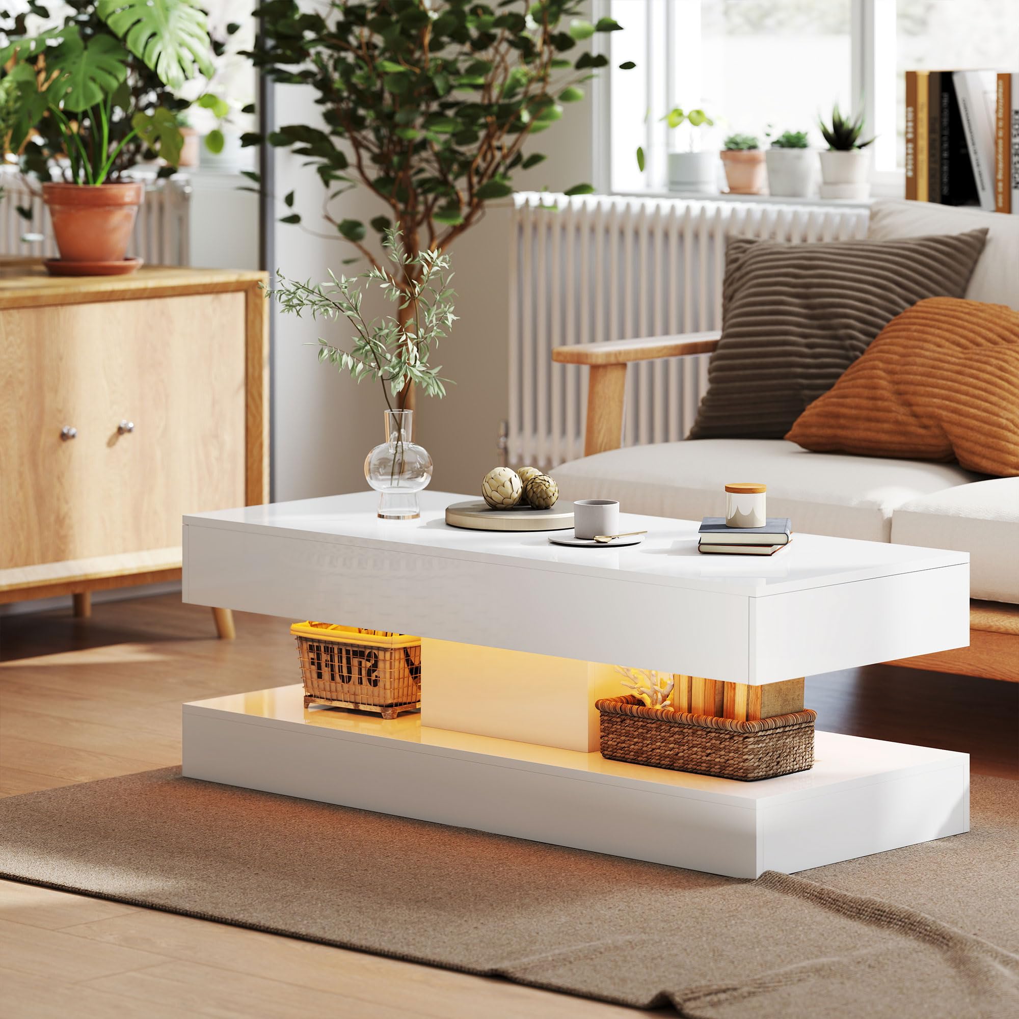 HOMCOM Couchtisch Hochglanz mit LED Beleuchtung 120 x 50 x 42 cm Weiß | Wohnzimmertisch, 12-Farbiger, Moderner Beistelltisch, 2 Schubladen, Offenes Regal, Kaffeetisch, für Wohnzimmer