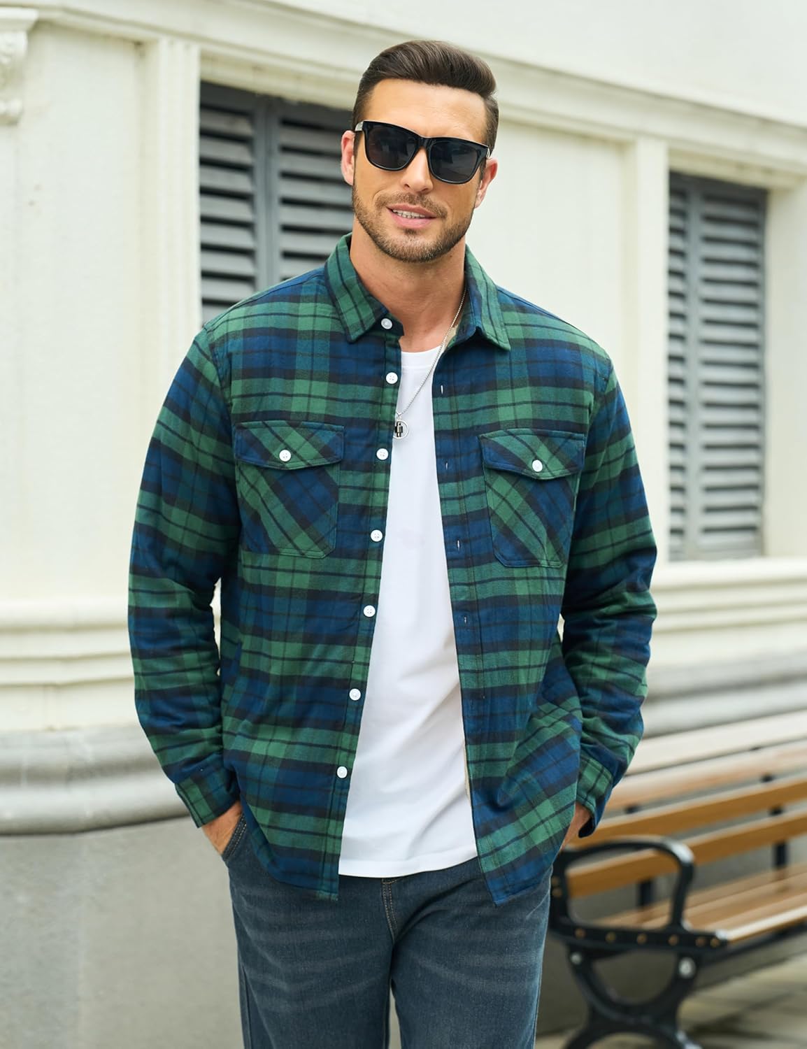 MAGCOMSEN Men's Flannel Shirt Fleece Lined Heavyweight Flannel Jacket Cotton Button Up Plaid Shirt Warm Winter Coat - Image 2