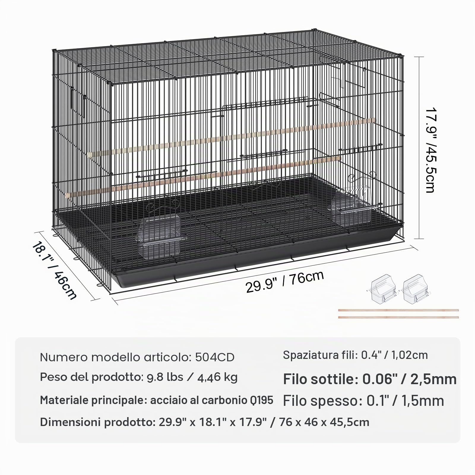 VEVOR Gabbia per Uccelli 76x46x45,5cm Voliera per Pappagalli in Acciaio al Carbonio Q195 Casetta per 2-3 Uccelli di Medie e Piccole Dimensioni con Supporto Posatoi e Vassoio, per Cacatua Parrocchetti