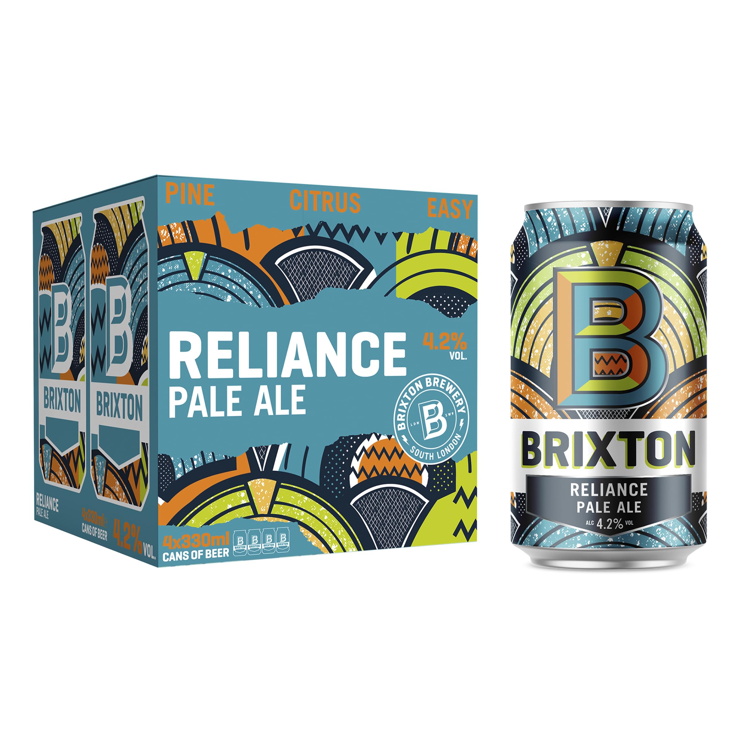 Brixton Reliance Pale Ale Cans 4 x 330ml, 4.2% ABV Multipack Craft Beer, IBU 30, EBC 7, Biscuity malts, pine aromas and citrus flavours, Easy drinking beer for all occasions