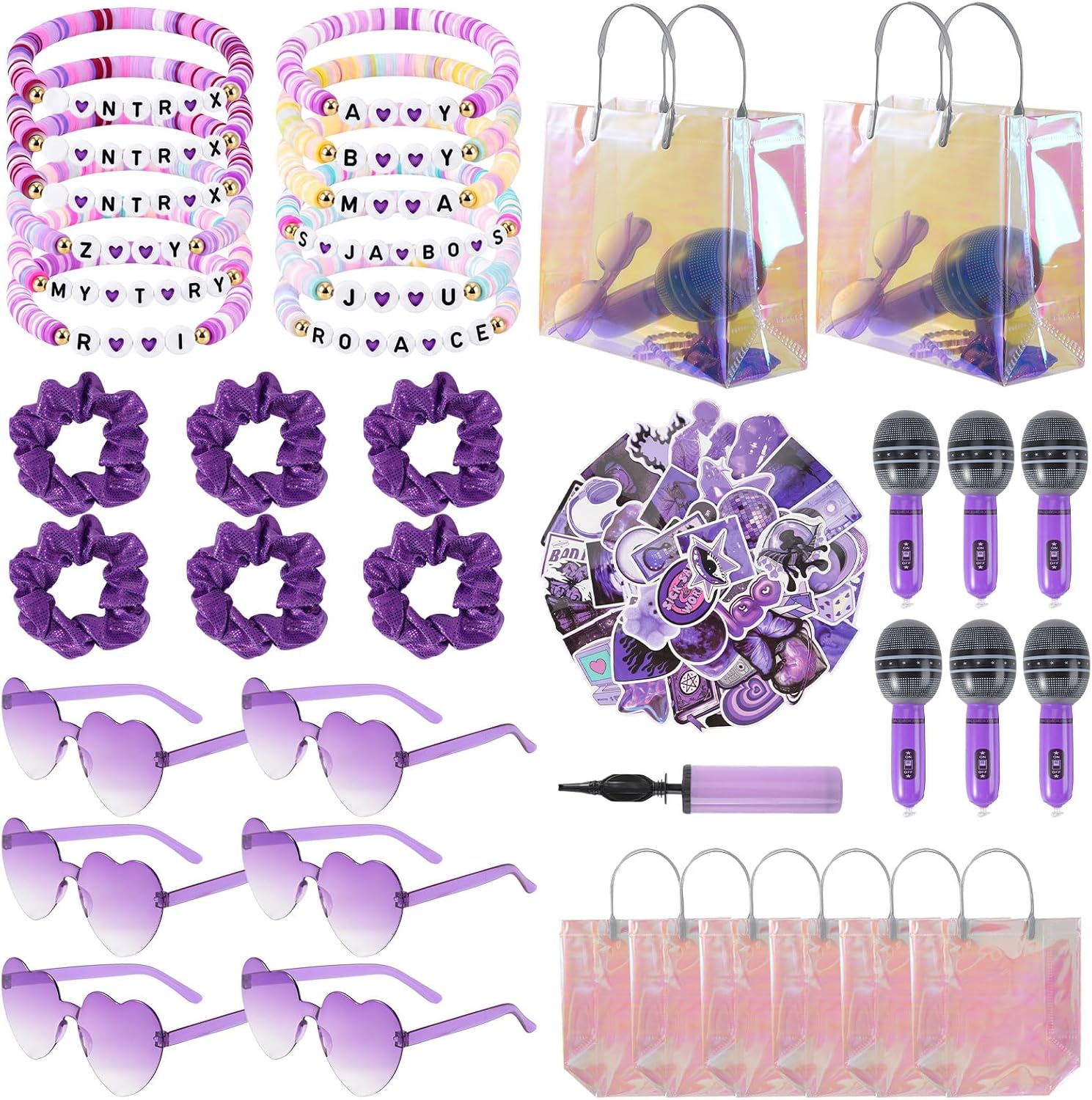 87Pcs Kpop Party Favors, Y2k Popular Singer Party Supplies Includes Inflatable Microphones, Sunglasses, Bead Bracelets, Scrunchies, Stickers, Blow Gun & Bags for Girl Women Birthday Kpop Fans