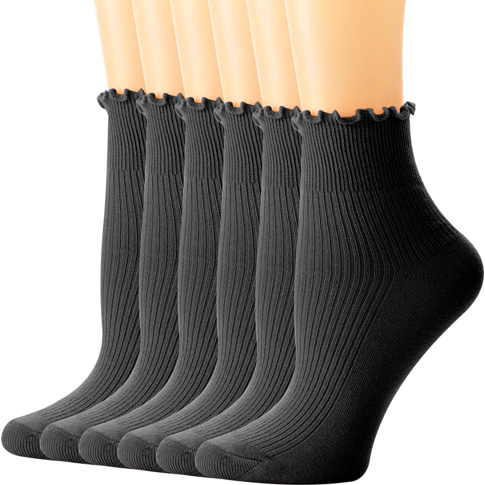 Dreshow Women's 6 Pairs Ankle Socks Set53-06Uka Ruffle Frilly Socks Casual Ankle Socks Breathable Cotton Crew Knit Socks For 6 Pack