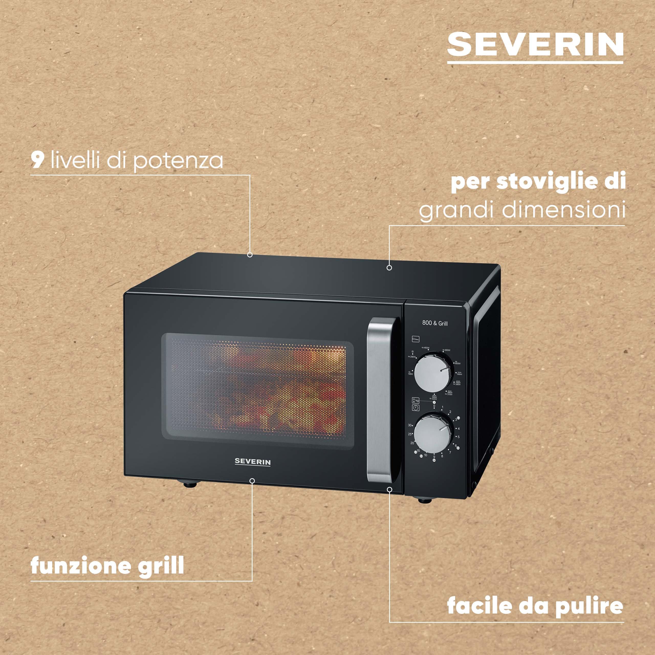 SEVERIN Forno a Microonde, 800W, 20 Litri, Fondo Piatto in Vetro, Senza Piatto Girevole, 6 Livelli Potenza, con Funzione Scongelamento, 46,5 x 39,5 x 27,5 cm, Nero/Acciaio Inox - MW 7761