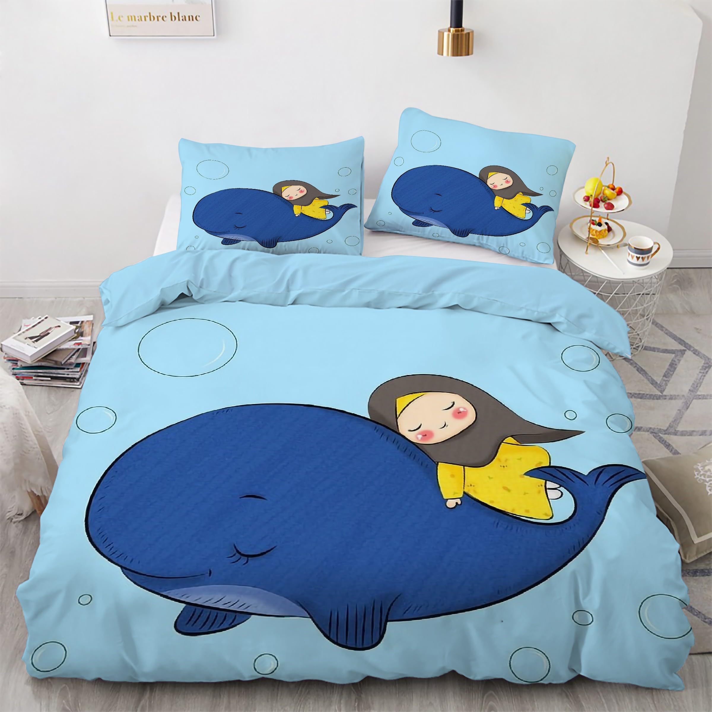 Parure de lit dauphin 90x190 housse de couette 3 pièces, le cadeau idéal pour chambre d'enfant
