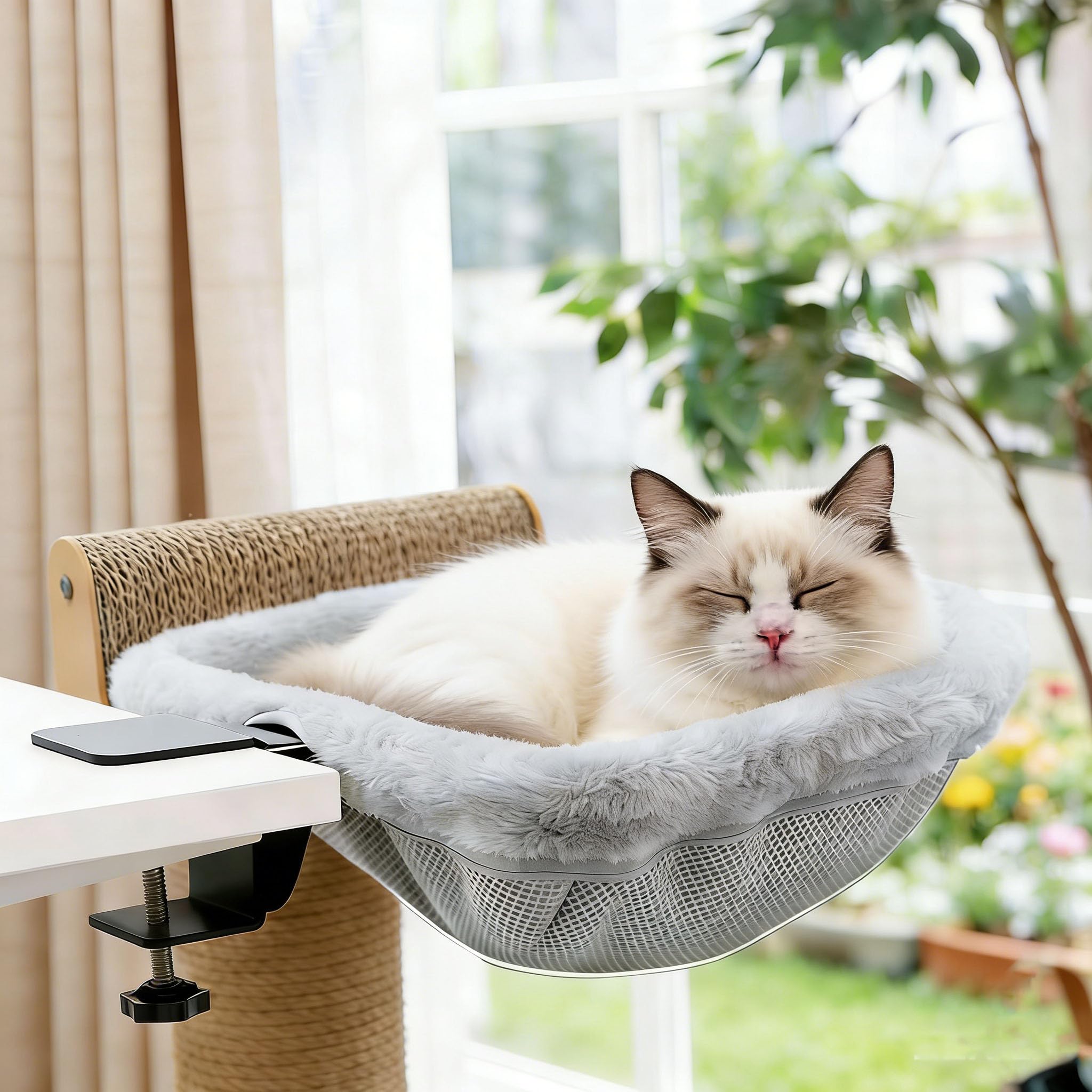 Katzenbett Für Schreibtisch, 360°Drehbar Katzen Schreibtisch Bett-Ohne Bohren, Katzenbett Schreibtischs– Platzsparend Klappbar (Nach Unten) Katzenhängematte, Winter & Sommer - Zu 22.5kg