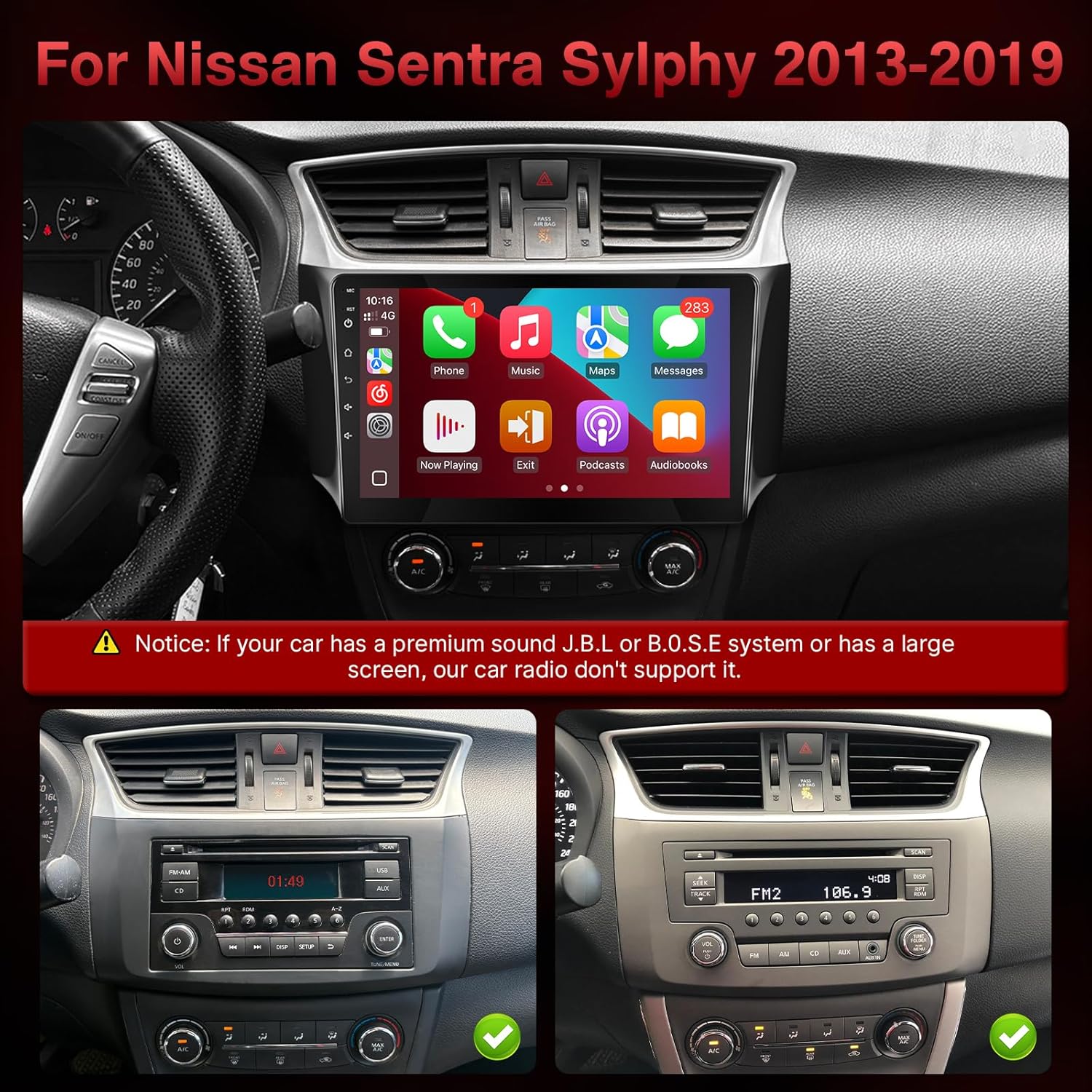 Android Car Radio for Nissan Sentra Sylphy 2013 2014 2015 2016 2017 2018 2019-10.1 Inch Touch Screen Head Unit Stereo with Carplay&Android Auto&Mirror Link GPS WiFi FM SWC Mic Backup Camera