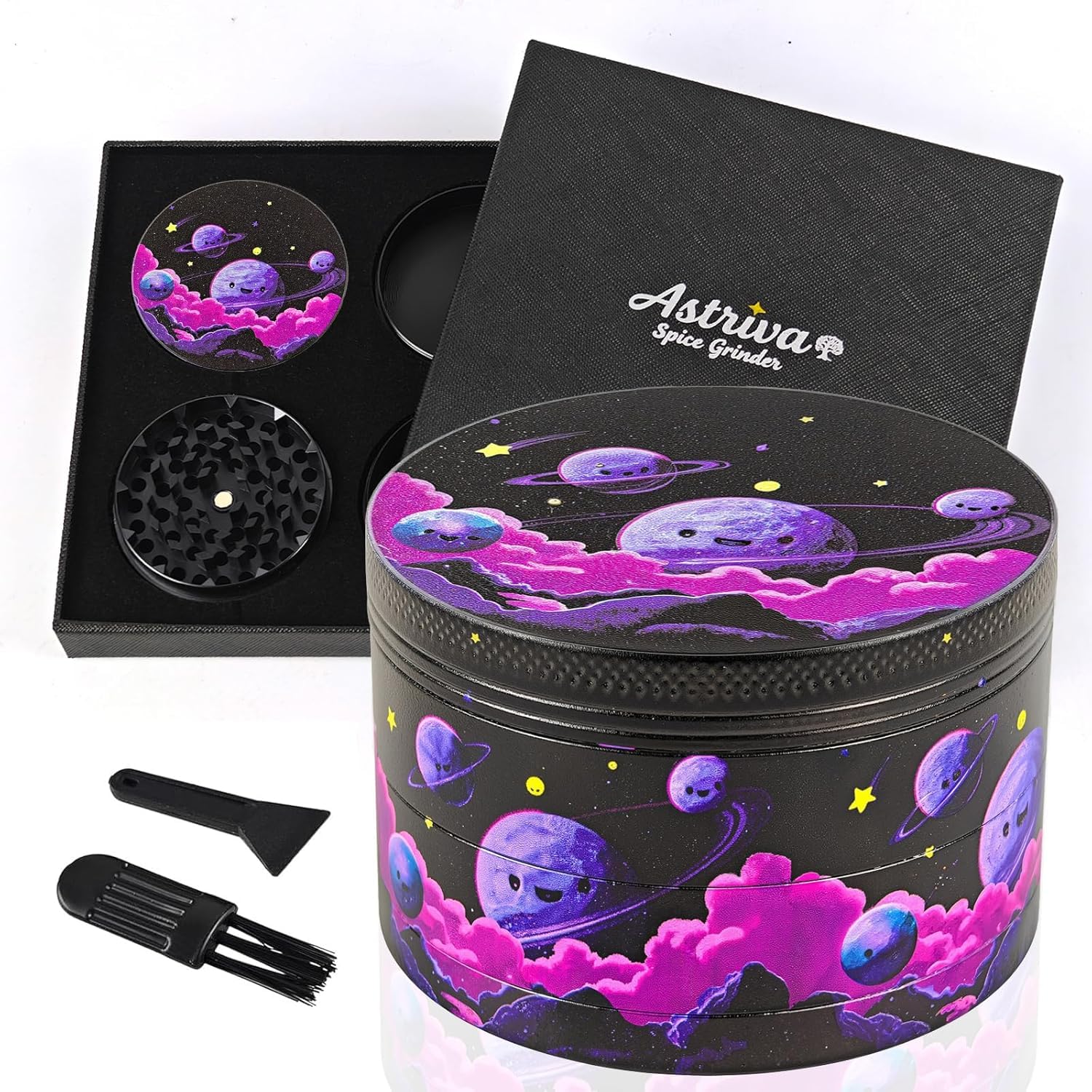 Metal Grinder Large 63mm, 4-Piece Smiley Moon Grinder for Weed with 50 Shark Teeth, Spice Crusher with Pollen Screen for Kitchen Herb (Smiley Moon,Purple D)