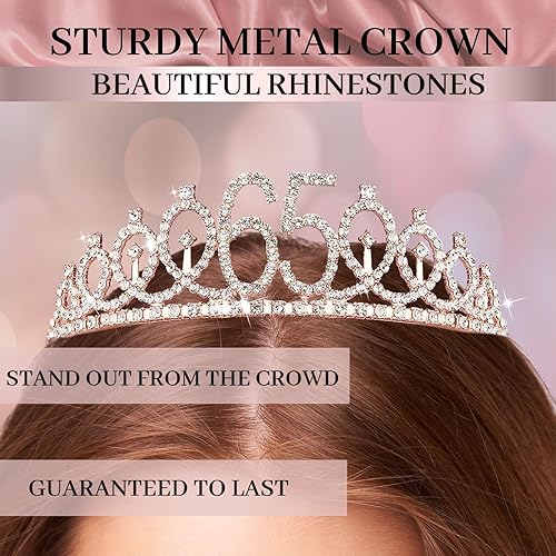 Miniatura 2 de Trgowaul Juego de decoración de fiesta de cumpleaños 65 para mujer, pancarta y mantel de cumpleaños número 65 en oro rosa, banda y tiara fabulosas,