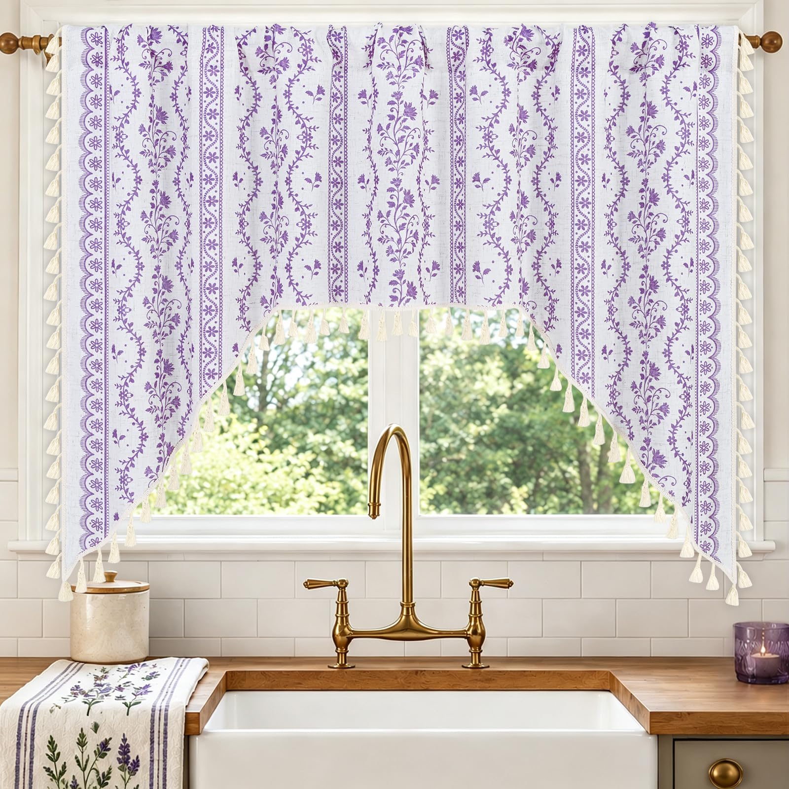 Yinhua Boho Swag Valance Curtains Vintage Linen Valances for Windows Light Filtering Floral Kitchen Valance Rod Pocket Rustic Tassel Window Valances for Bathroom Cafe, 60" W x 36" L, White Purple