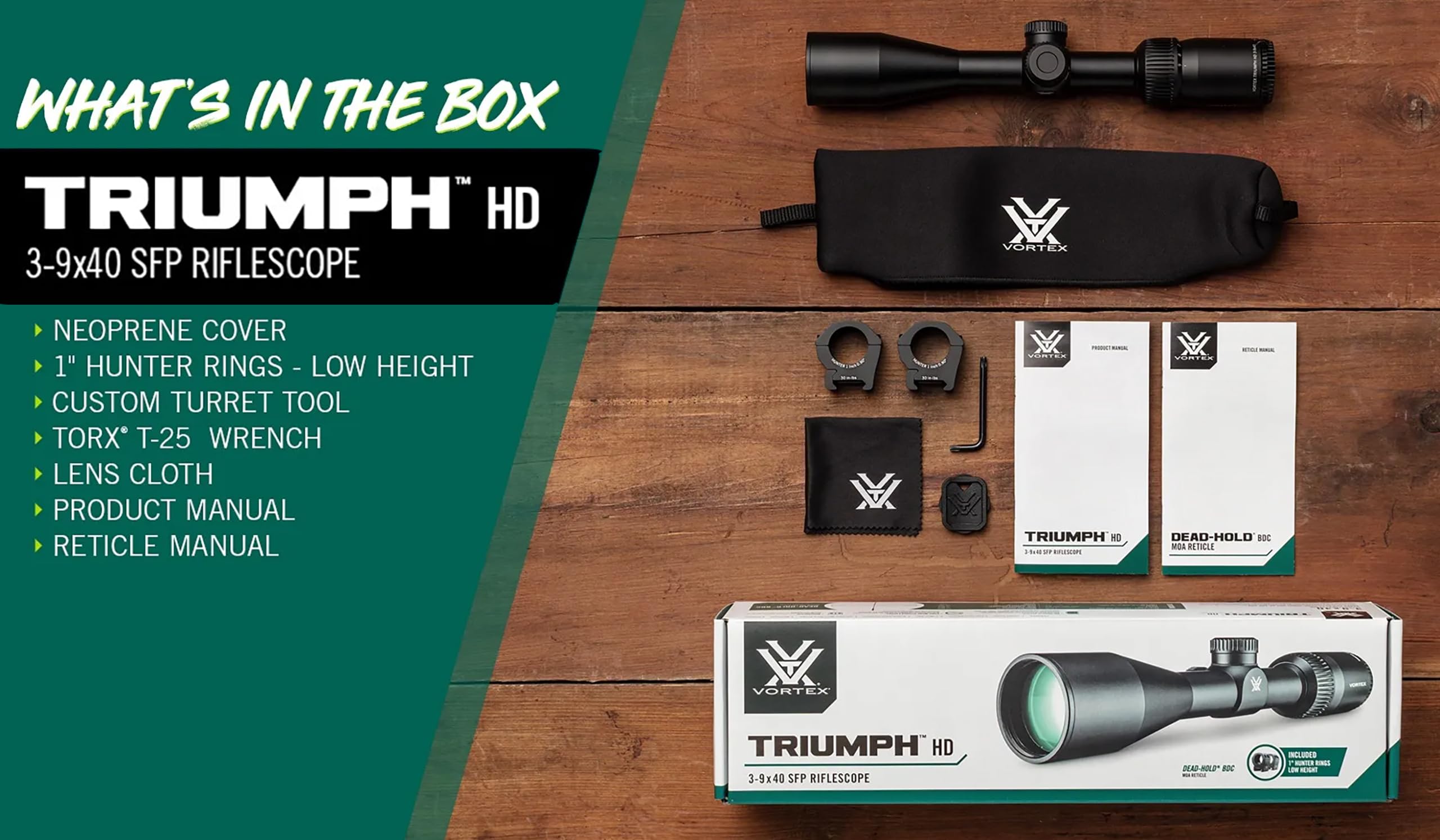 Vortex Triumph HD 3-9x40 Second Focal Plane, 1-inch Tube Riflescope Kit - Dead-Hold BDC (MOA) Reticle, 1" Hunter Rings - 0.90" Low Height, Neoprene Cover