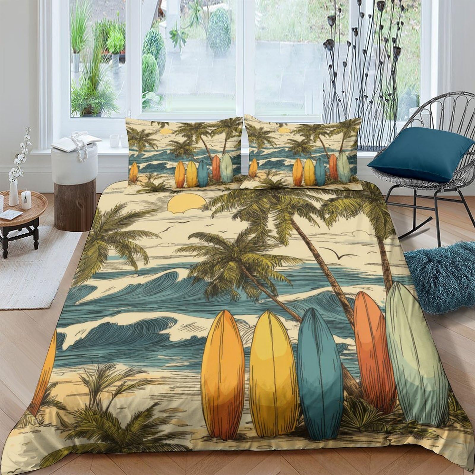 Ctjqhvkz Style-2 3D Printed Tropical Beach Fitted Sheet Microfiber Surfboard Palm Tree Mattress Cover For Bedroom Dorm Decor Single（135X200cm）