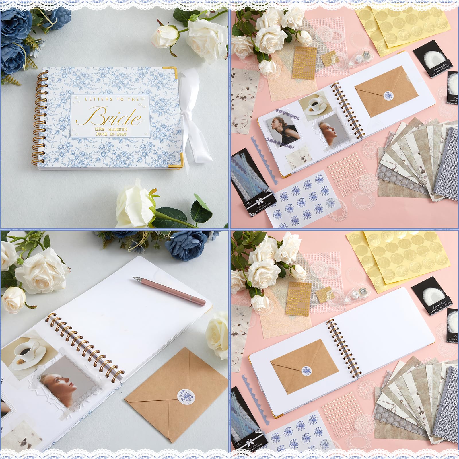 Humyoun Libro de invitados de boda con letras a la novia, álbum de recuerdos de boda, álbum de recortes, álbum de fotos, letrero de invitados con calcomanías de perlas (10.5 x 8.25 pulgadas, floral