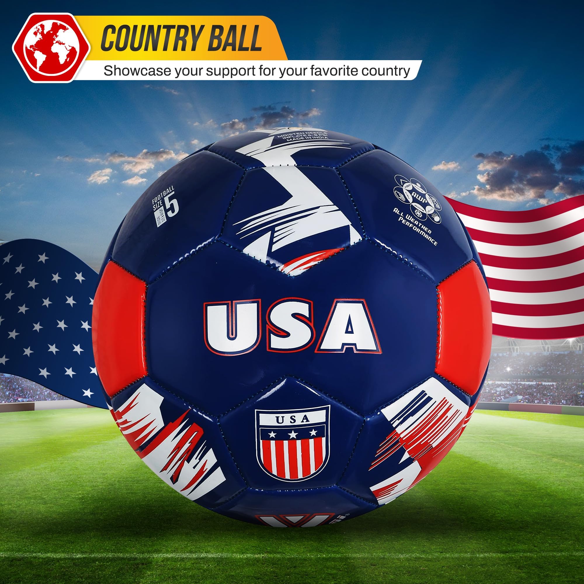 Vizari Pallone da calcio della squadra nazionale, resistente pelle sintetica e gomma, tre misure, nove palle country – aumenta il tuo gioco con l'iconica rappresentazione del team (3, blu navy/USA)