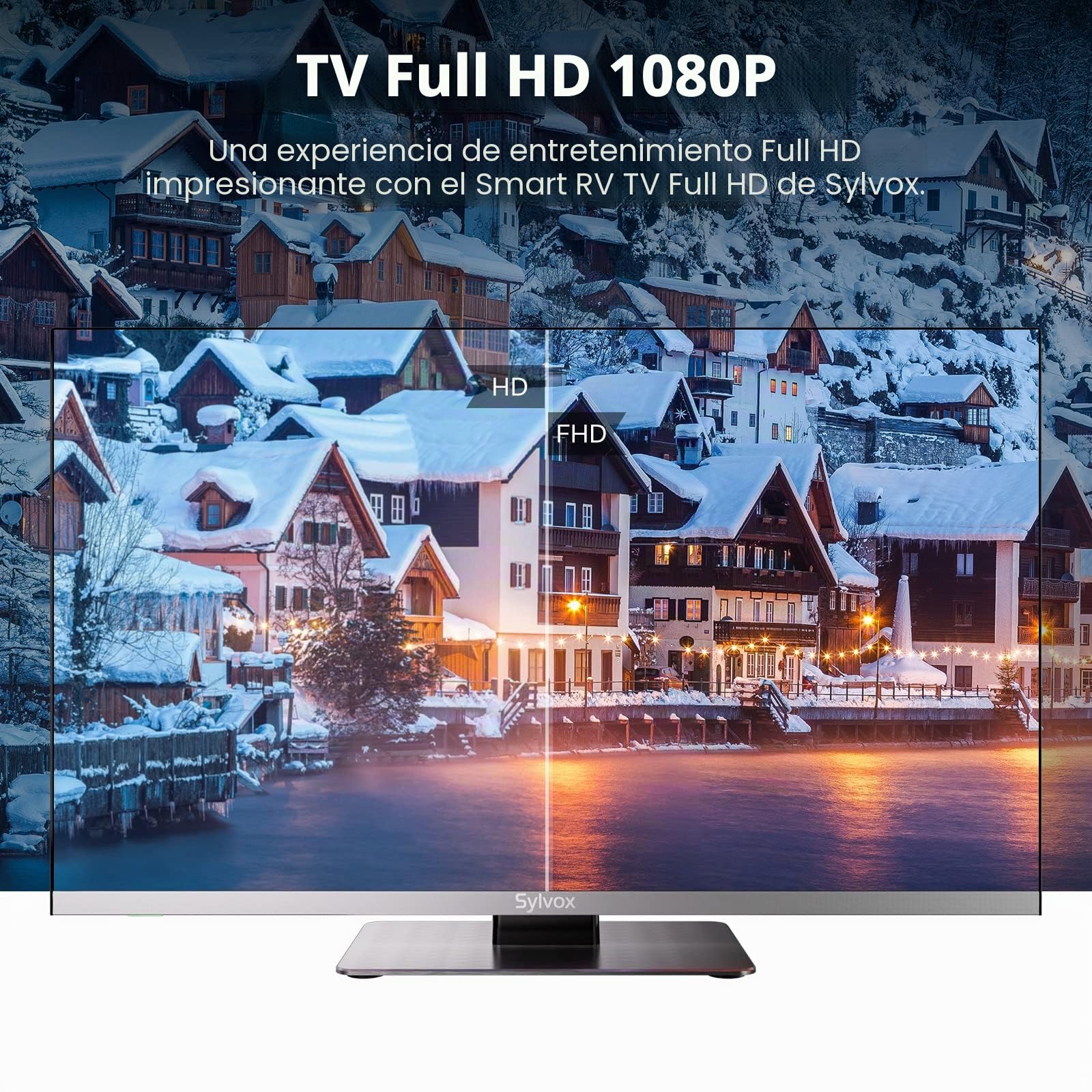 SYLVOX 22" para Autocaravana y Camping, Smart TV 12V 1080P, Bisel Ultrafino, Lector DVD, Amplio Voltaje 9-32V, Sintonizador Triple DVB-C/T2/S2, HEVC, HDMI, Ideal para Autocaravanas, Campers y Camiones