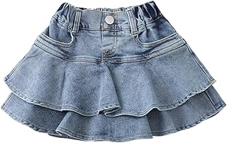 Flofallzique Little Girl's Denim Skirts Mini Flared Pleated Toddler Jean Skorts with Shorts Underneath