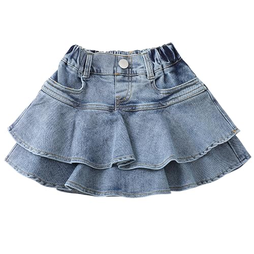Flofallzique Little Girl's Denim Skirts Mini Flared Pleated Toddler Jean Skorts with Shorts Underneath
