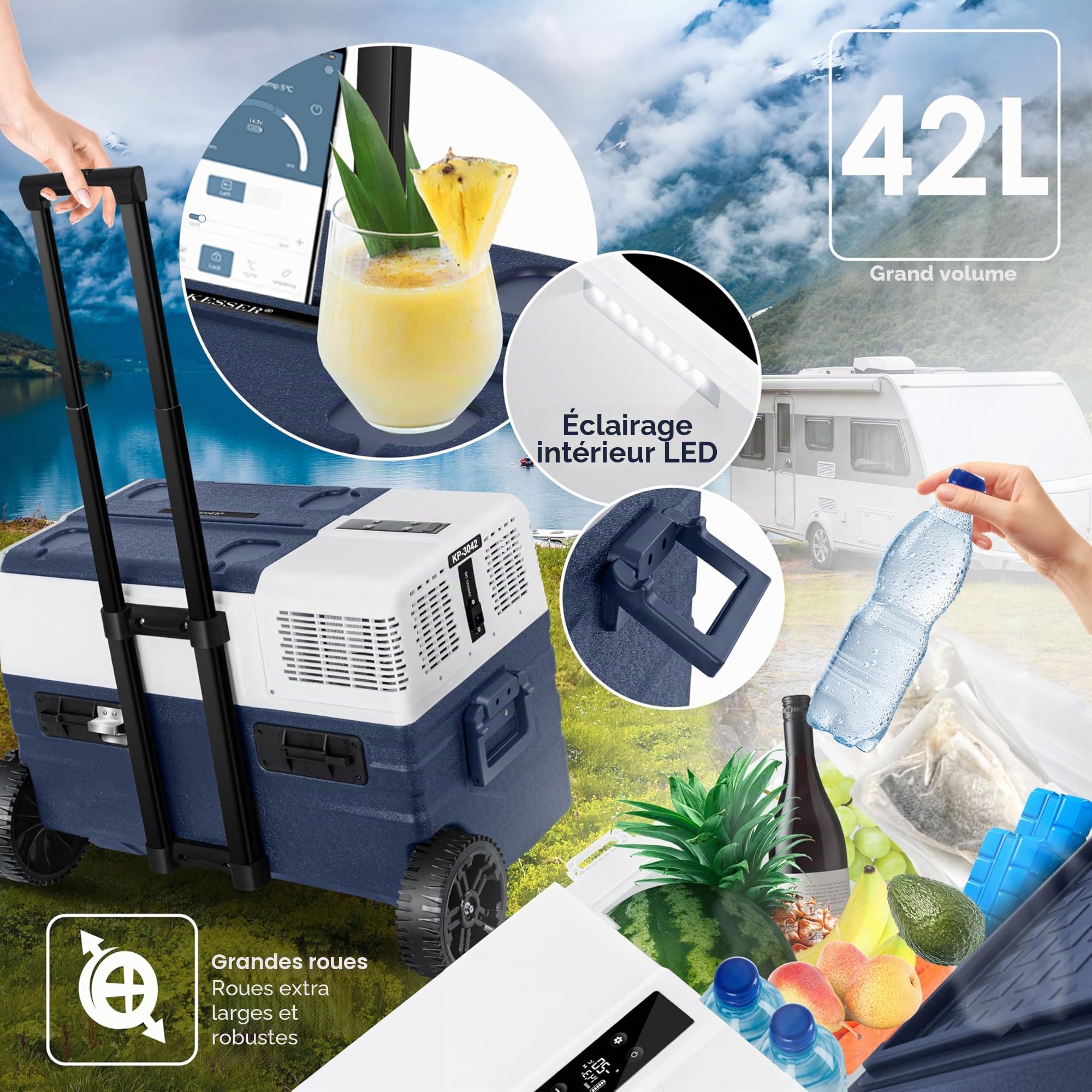 KESSER® Glacière électrique avec compresseur - 42 litres - avec Commande par Application - Port USB 12/24 V 230 V - Barre télescopique - Roues pour réfrigérateur jusqu'à -20 °C