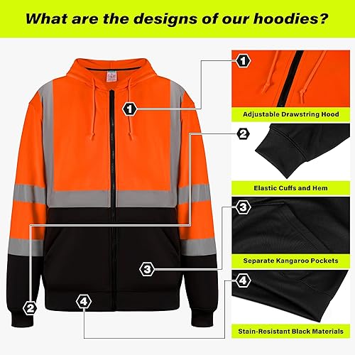 Miniatura 3 de SHORFUNE Hi Vis - Chaquetas de seguridad con capucha y parte inferior negra para hombre, sudadera reflectante clase 3 con cremallera