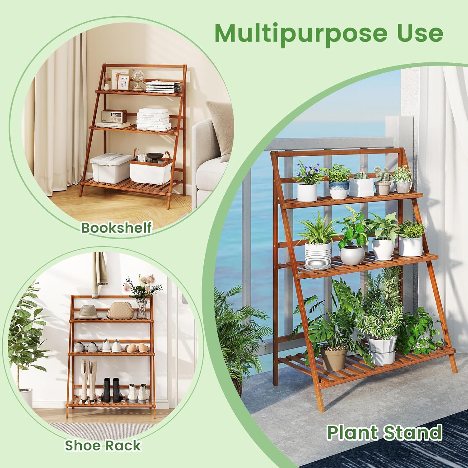 3-Tier Bamboo Plant Flower Stand Rack Shelf, Foldable Planter Racks, Pot Organizer Storage Rack Display Shelving Plants Shelf Unit Holder (brown)
