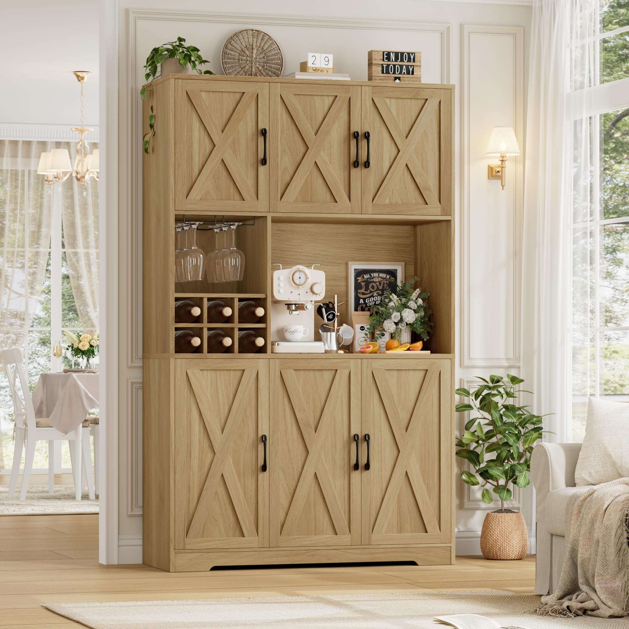 HOCSOK Credenza Cucina, Alta Dispensa Cucina con 6 Armadietti, Rimovibile Portabottiglie da parete con porta calici, Microonde con Ripiani Aperti, mobile soggiorno, Bianco (Marrone)