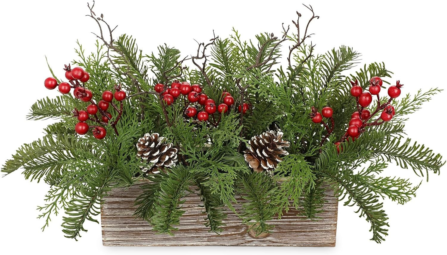 GnFlus Christmas Centerpieces for Table, Mine Tree Pine Pinecones in Pot Artificial Xmas Plants with Red Seeds Eucalyptus Leaves in White Rectangular Wooden Pots for Christmas Table Decor