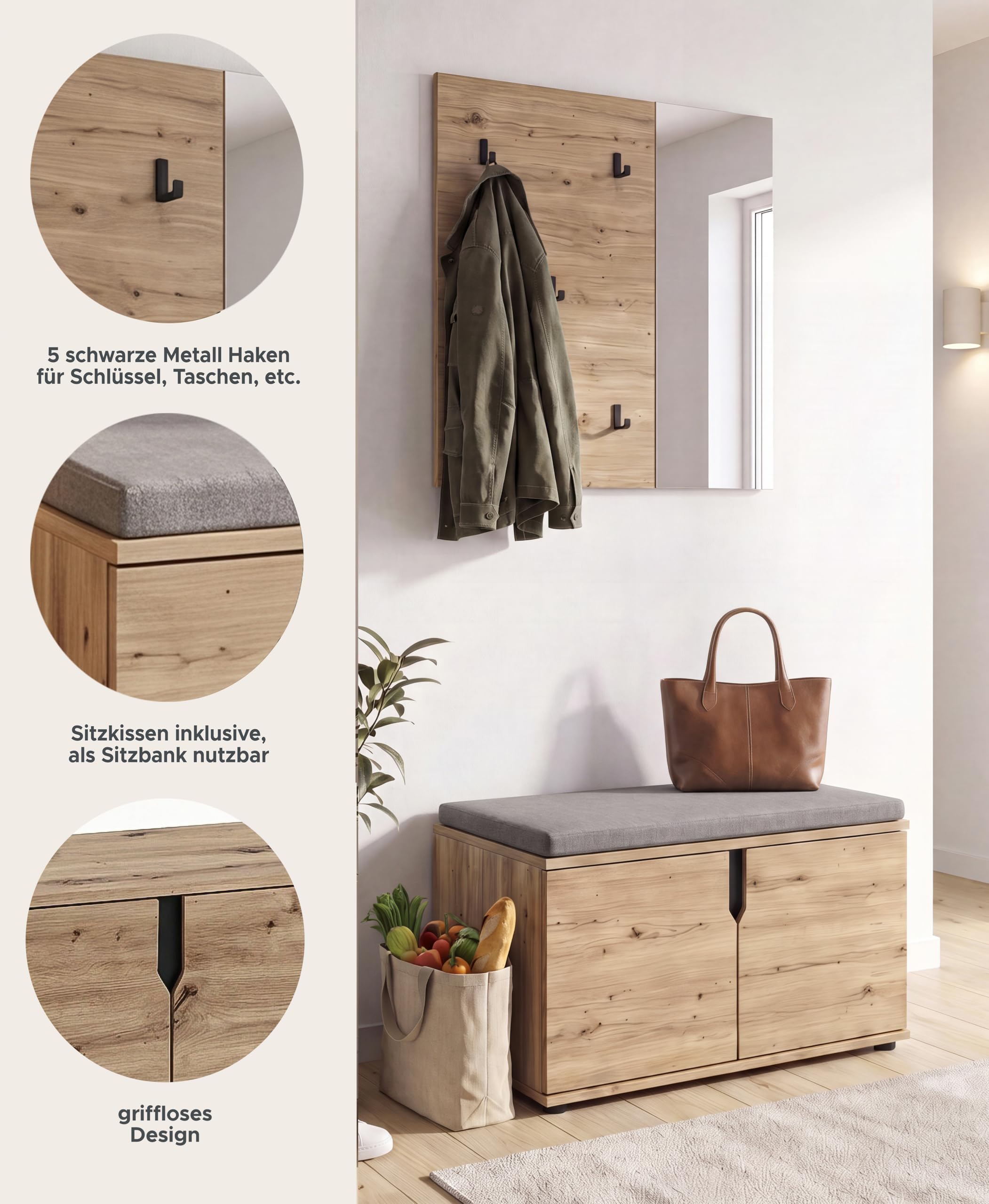 xonox.home - Keno Artisan - Armadio combinato da 2 pezzi, rovere melammina | Composto da pannello appendiabiti, panca con cuscino per cuscini, molto spazio per il corridoio ordinato