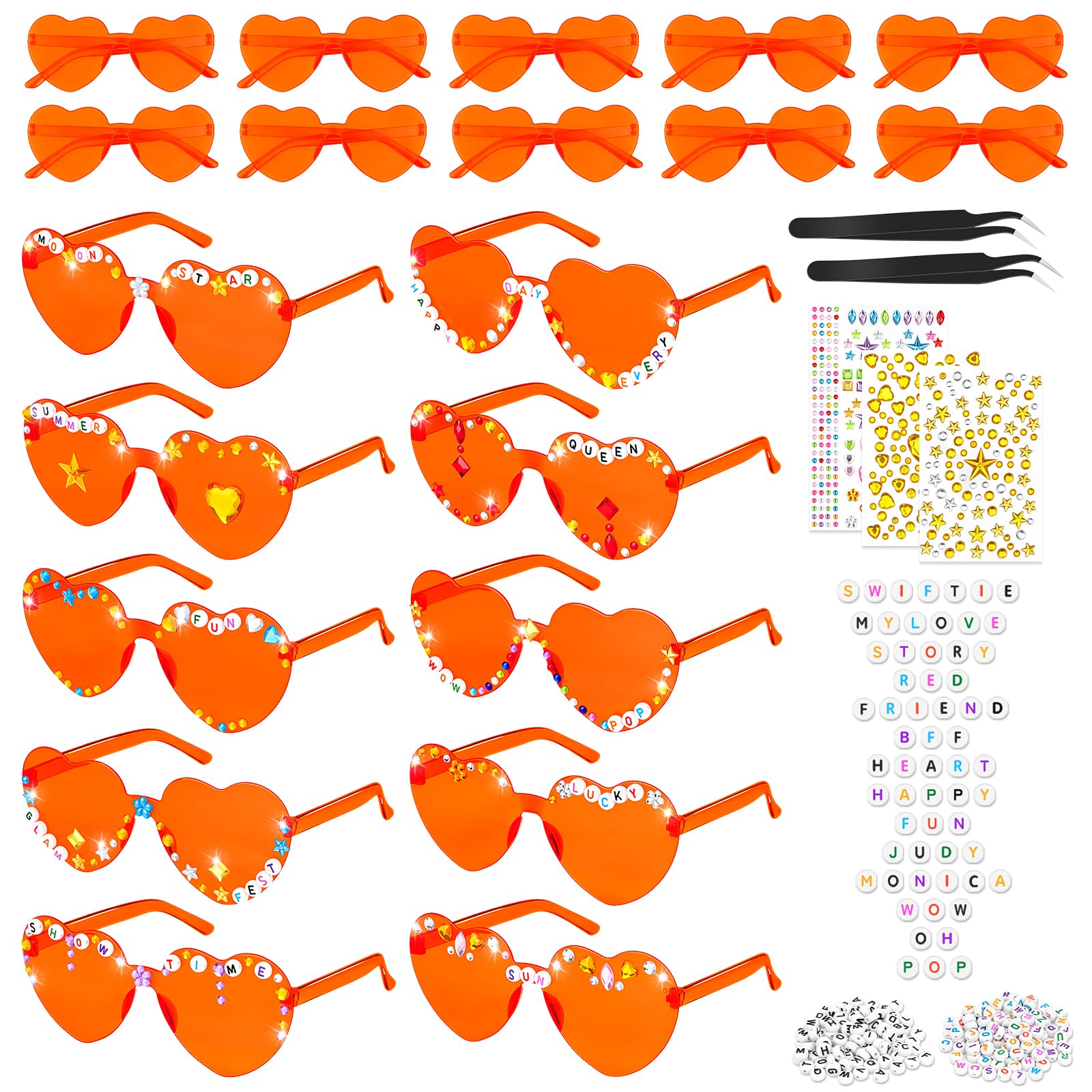 SelfTek DIY Heart Glasses, Pack of 10 Heart Sunglasses, Party Glasses, Heart Shape Glasses, JGA Glasses for Fans 1989 Era, Sunglasses Heart Shape for Party, Wedding, Carnival (10 Pieces, DIY Orange)