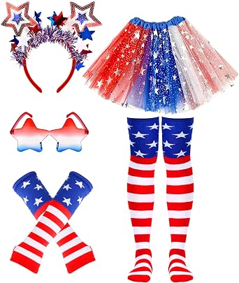 Hikkcos 5 Pcs 4th of July Tutu for Women, Red White and Blue Tutu 250 Years Costume Accessories Set Patriotic Skirt for Independence Flag Day Halloween Party 2026 Soccer Fans Accessories