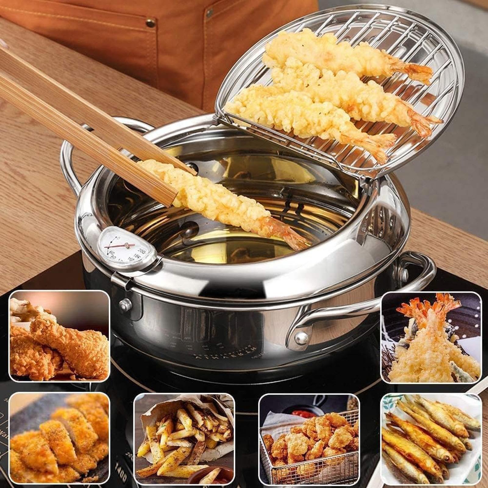 Pentola per friggitrice in acciaio inossidabile, Pentola per friggitrice | con termometri, Friggitrice Tempura in acciaio inossidabile 304 in stile giapponese, facile da pulire e da usare, perfetta pe
