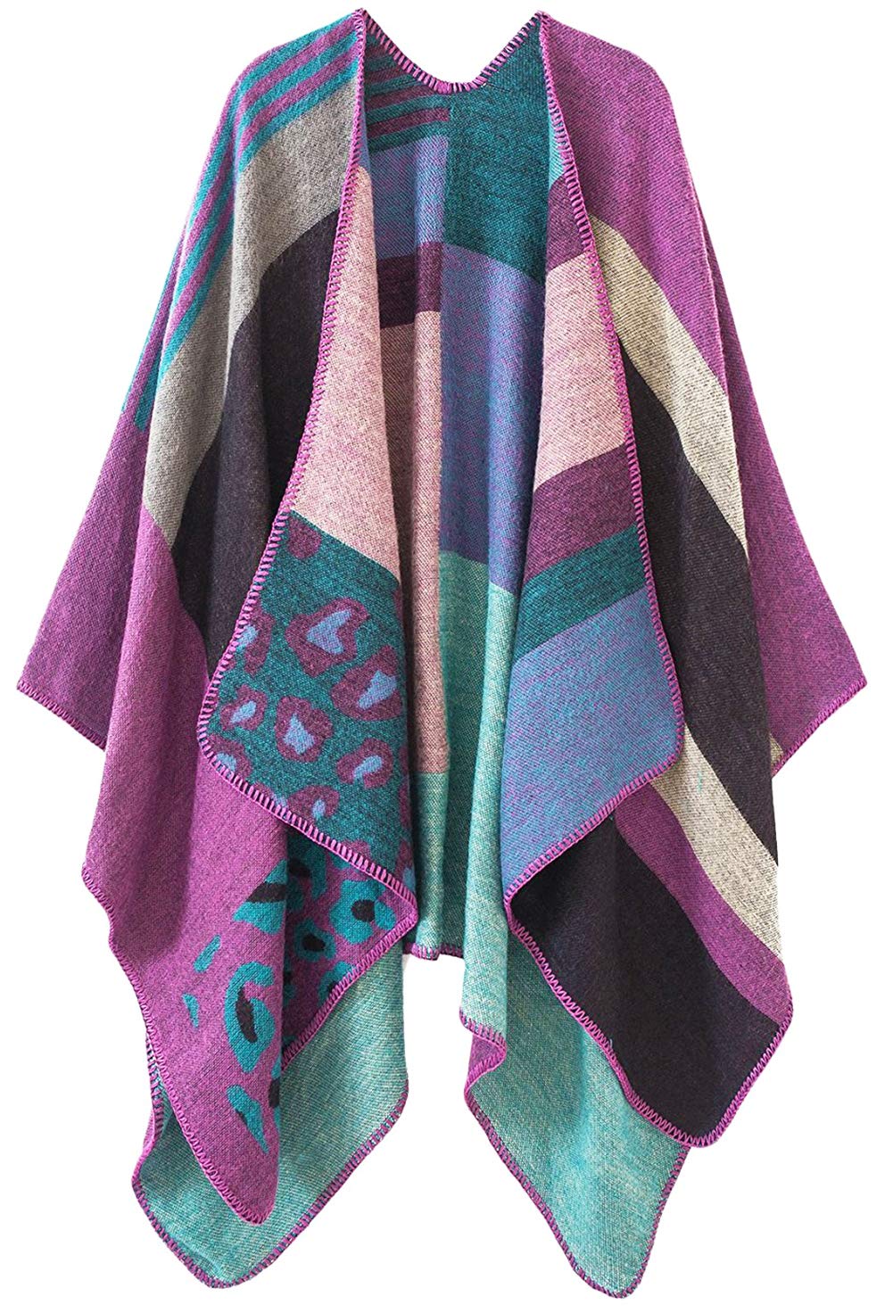 Womens Reversible Oversized Blanket Poncho Cape Shawl Cardigans (One Size, Leopard/Purple)