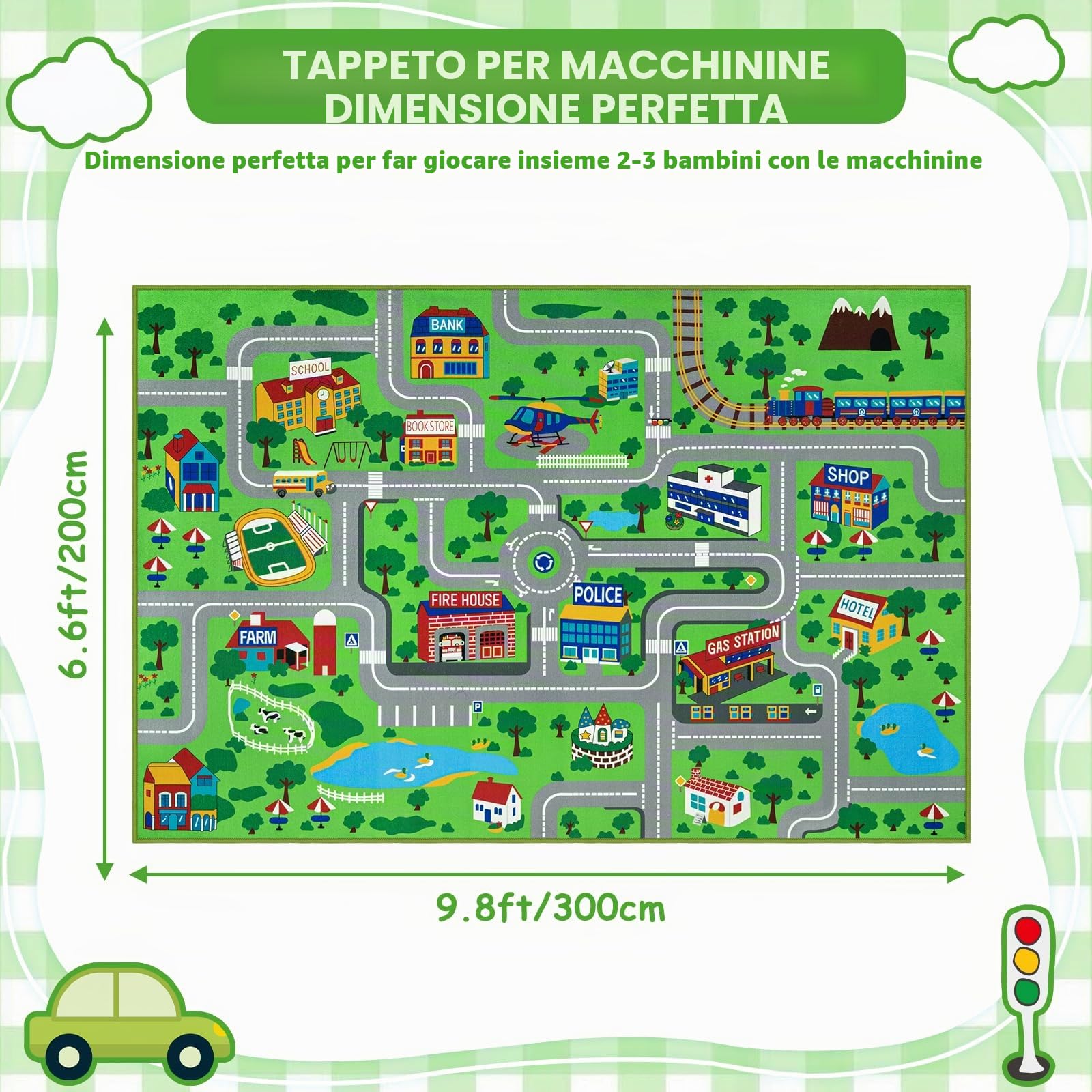 Capslpad Tappeto per aula 200 x 300 cm, tappeto per bambini, per scuola elementare, giocattolo per bambini, auto, tappetino per traffico stradale, per sala giochi, camera da letto