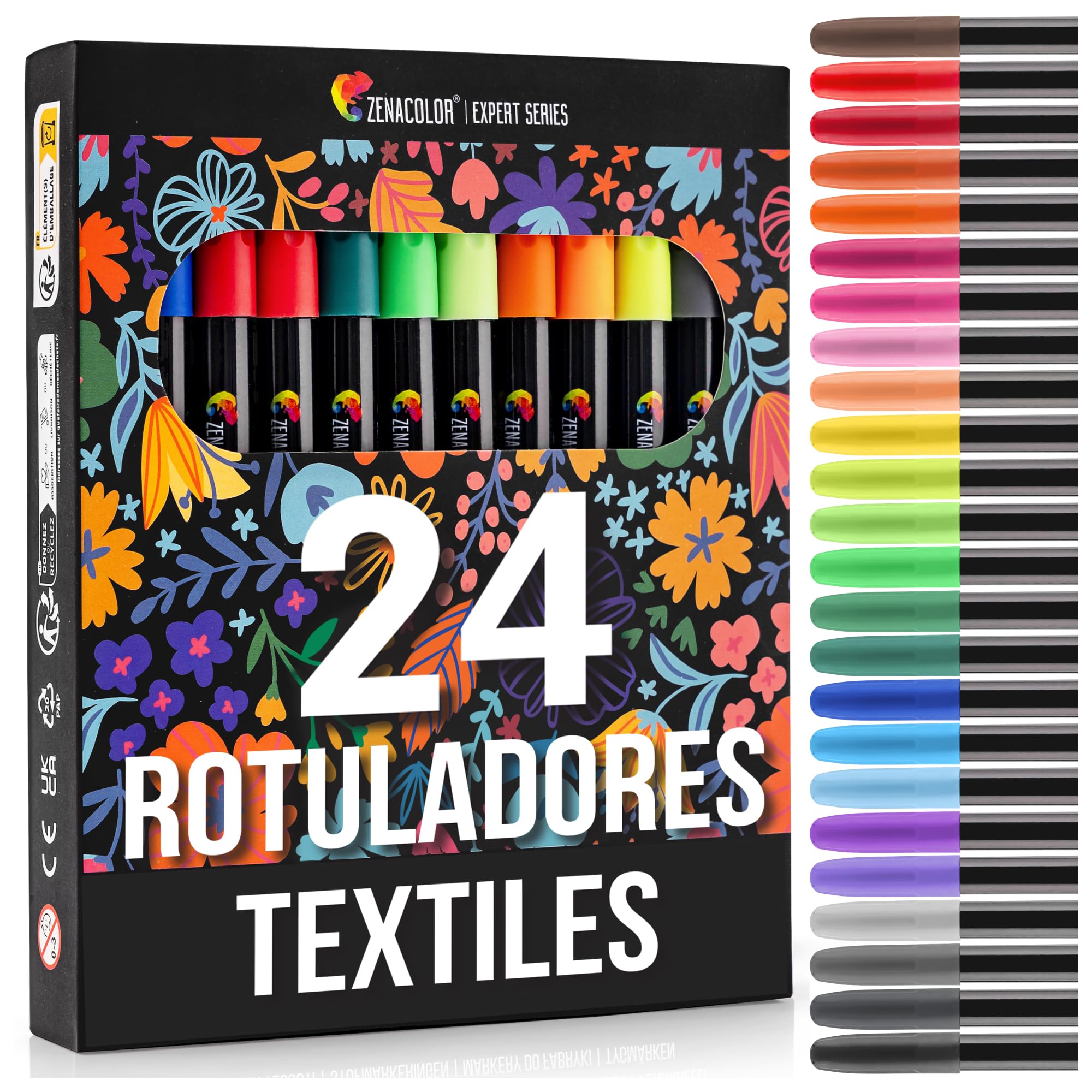 24 Rotulador Textil Permanente - Rotuladores para Tela No Tóxica y Indeleble, Rotulador Permanente con Punta Fina - Perfecto para Camisetas, Bolsas, Tote Bag y Otros Tejidos - Para Niños y Adultos