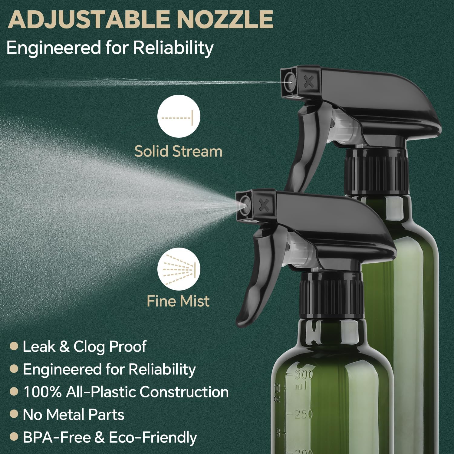Plastic Spray Bottles (2 Pack 10 oz), Leakproof Adjustable Fine Mist & Jet Stream Nozzle, Premium BPA-Free Plastic Multi-Purpose for Hair, Plants, Cleaning (2 PACK CLEAR)