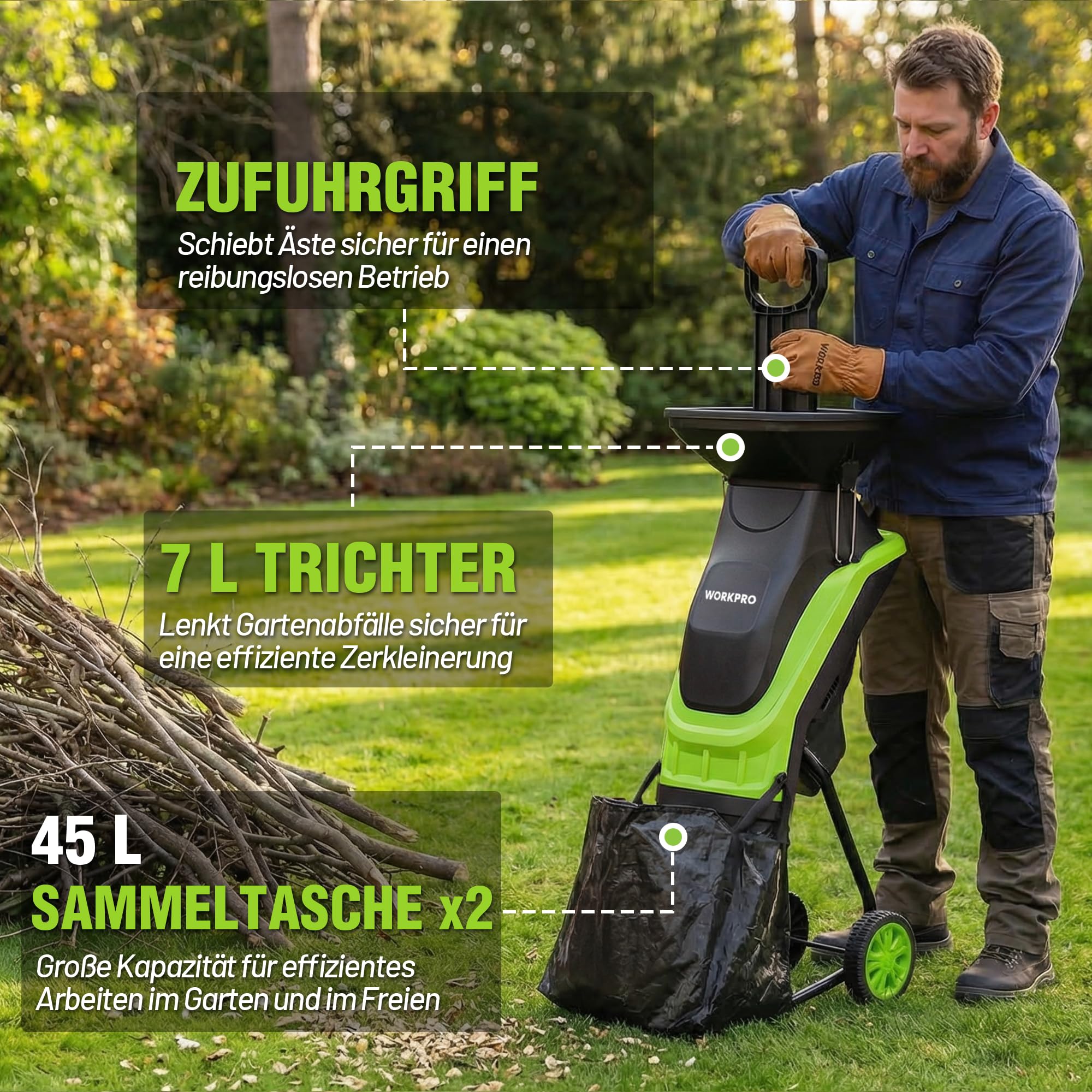 WORKPRO Elektrischer Gartenhäcksler 2500W, Messerhäcksler für Äste bis 44 mm, 4300 U/min, 2 x 45 L Sammelbeutel