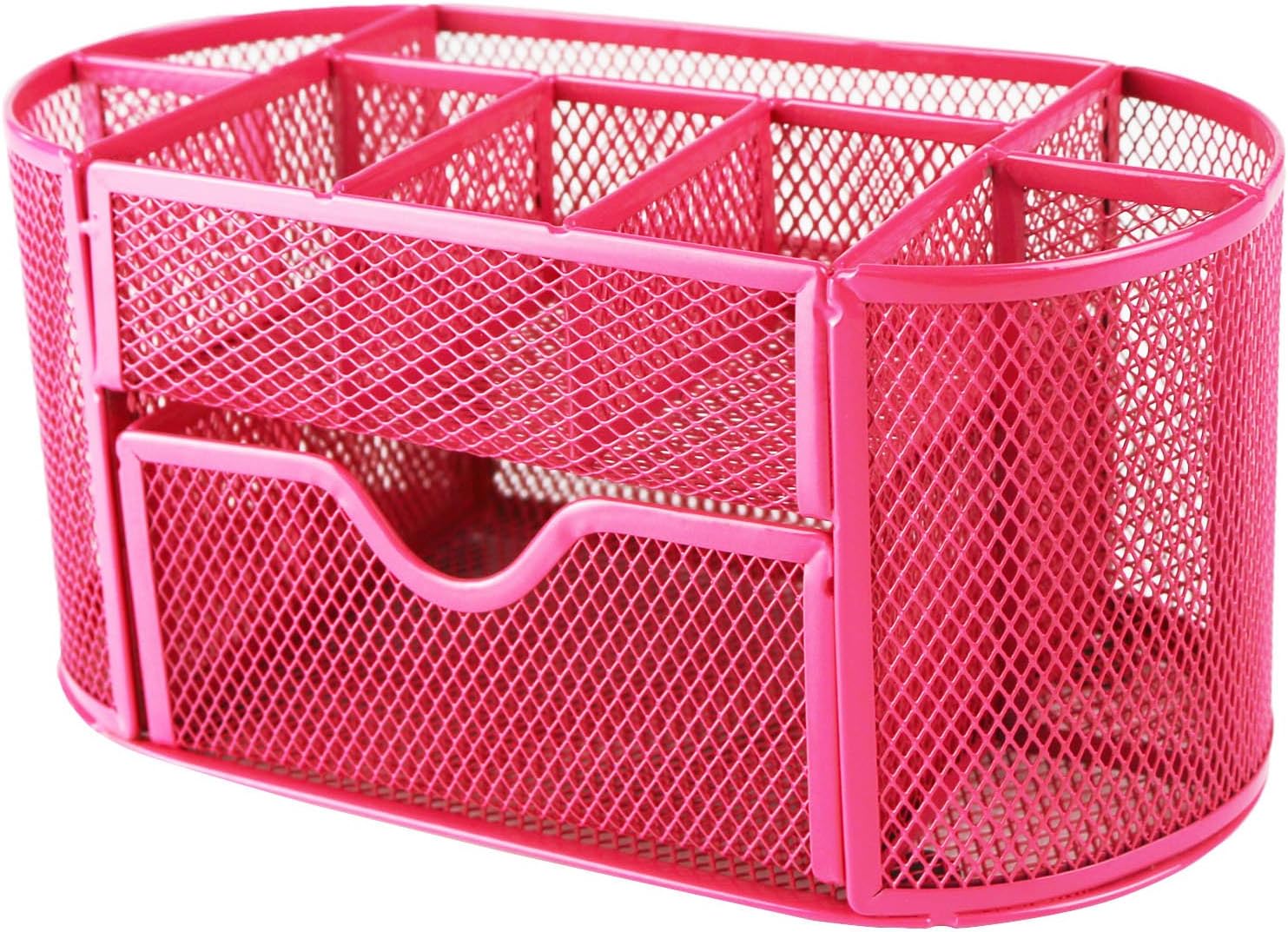 Fanuk Desk Organiser Metal Mesh Oval Desk Supplies Organiser Set with Drawer for Working Professionals and Homemakers (Pink)