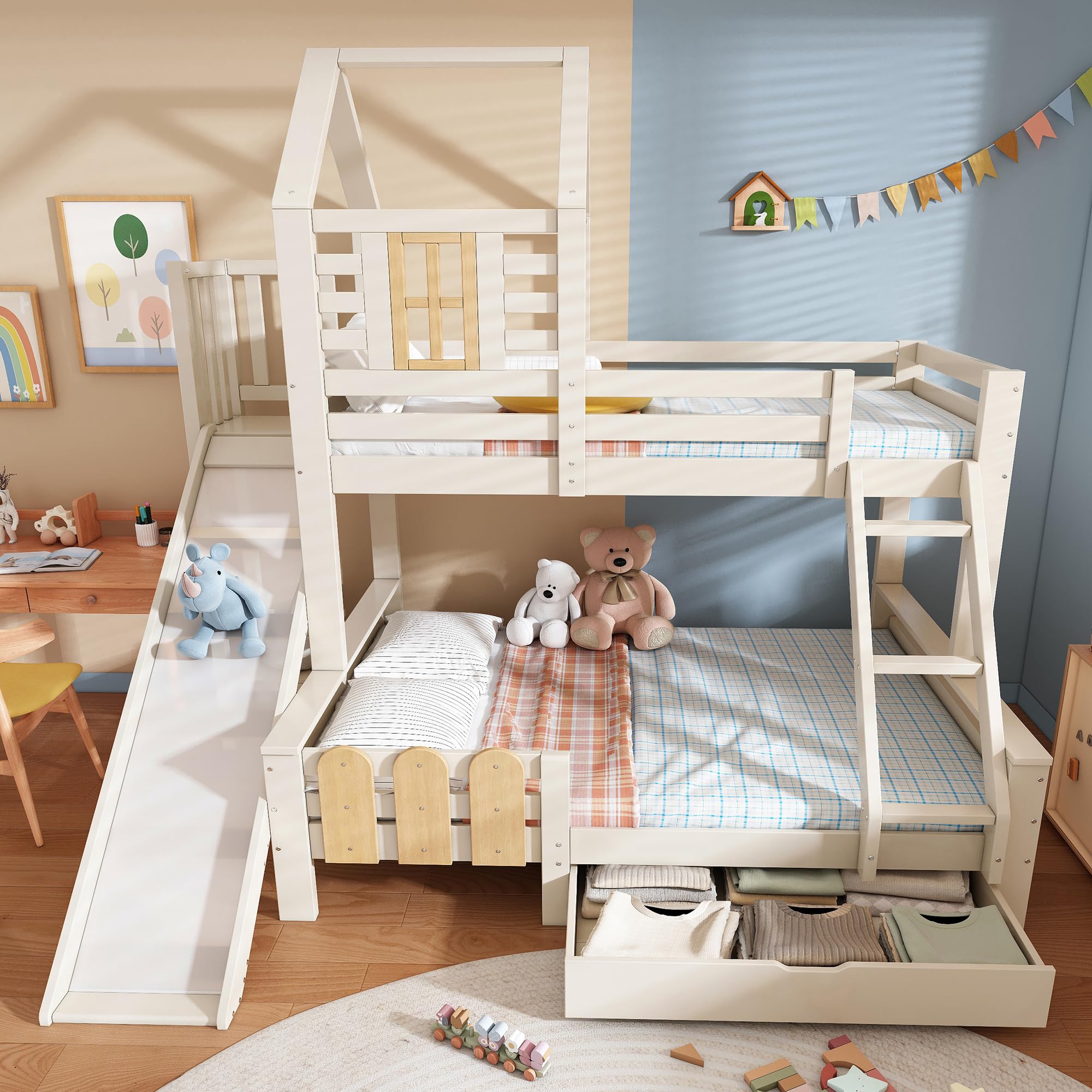 Litera 90 x 200 y 140 x 200 cm, cama con cajón tobogán y escalera, cama infantil con somier, diseño de cabaña de troncos, sin colchón, color blanco