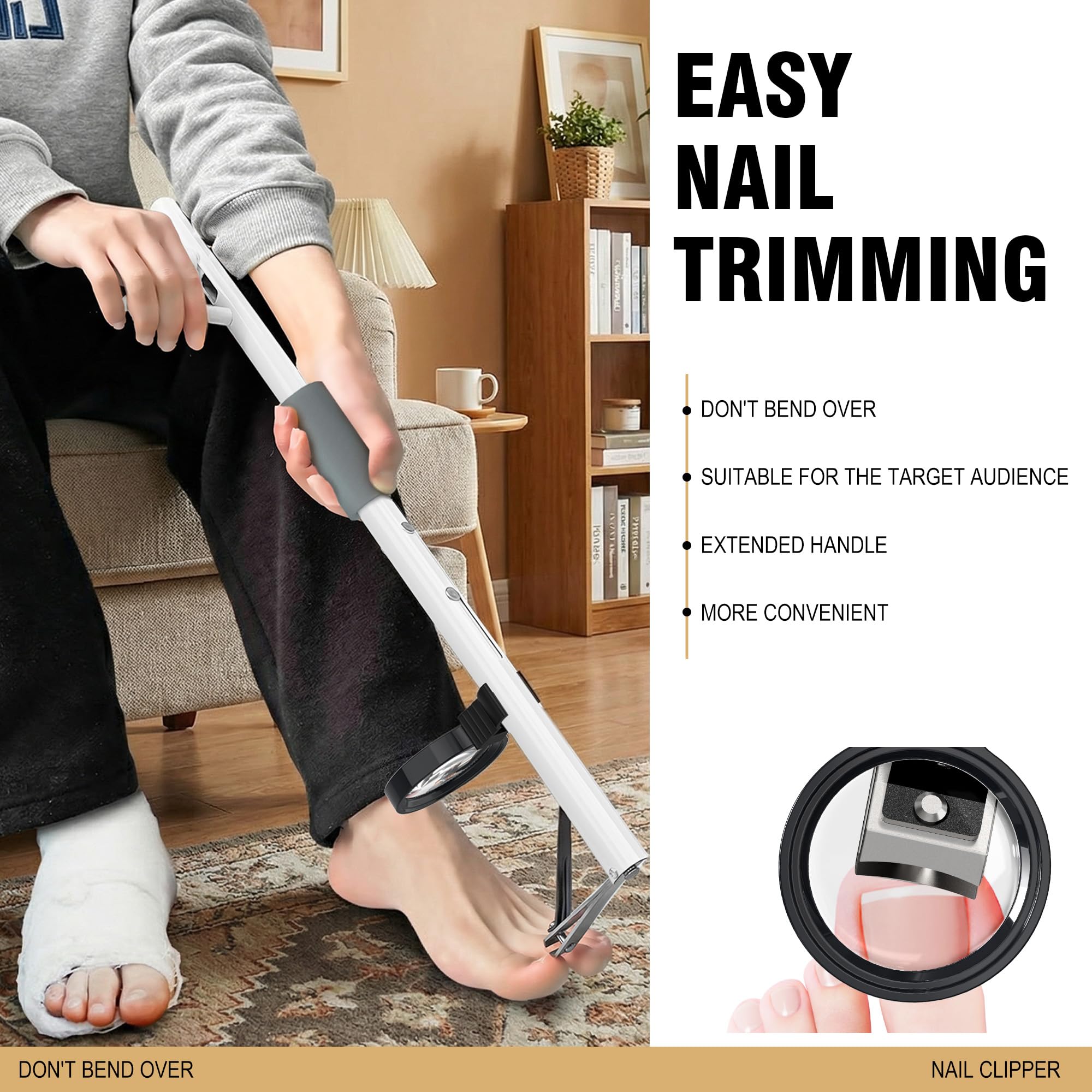 Long Reach Toenail Clippers 27.5" with Magnifier, White
