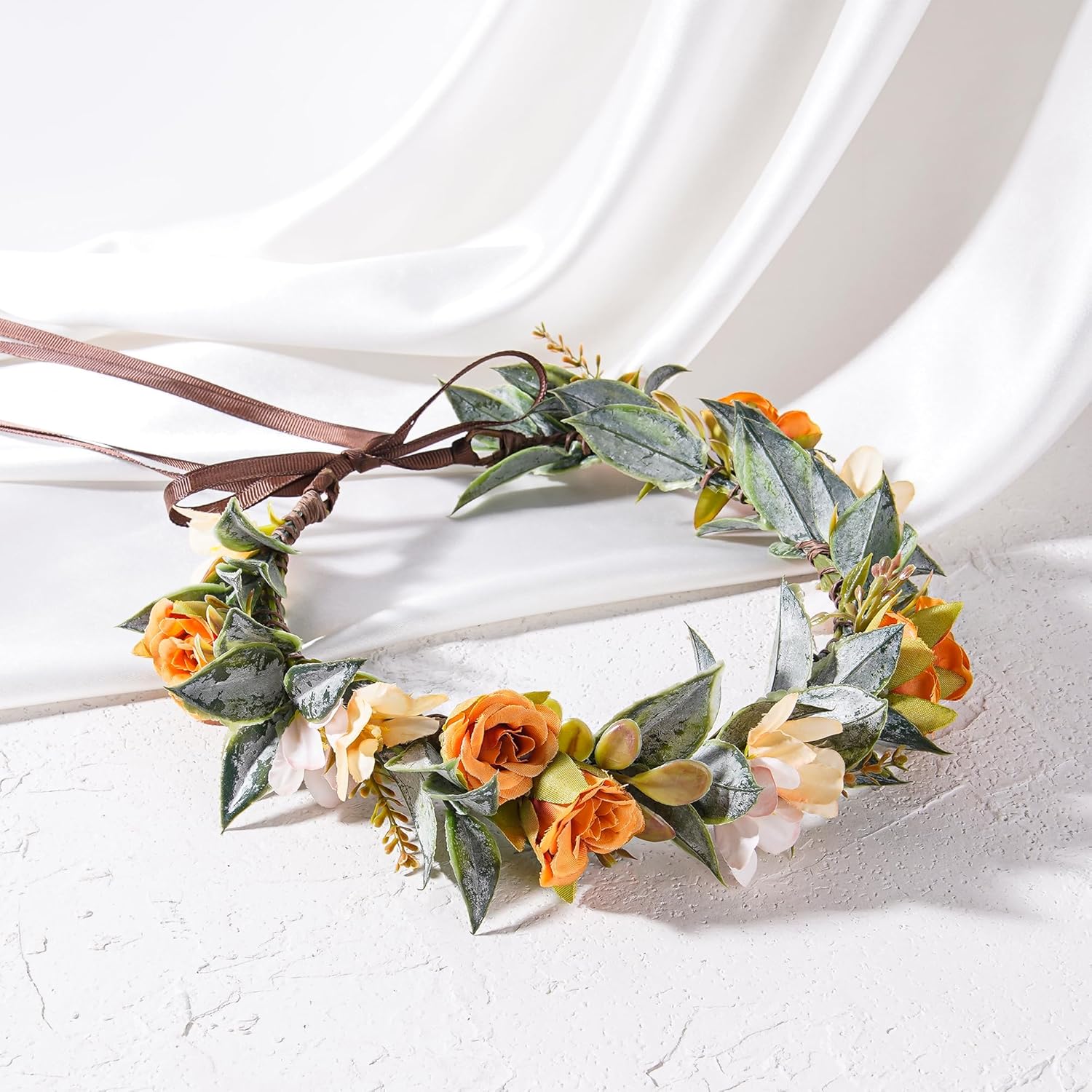 Yellow Flower Crown Headband - Orange Boho Floral Headpiece Fairy Woodland Rose Flower Headbands with Green Leaf for Women Girls Wedding Festival Vacation Renaissance Party Photography Props - Image 5