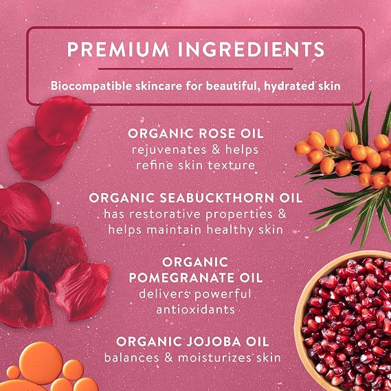 Badger Organic Rose Body Oil, Jojoba & Pomegranate, 4 fl oz Glass Bottle