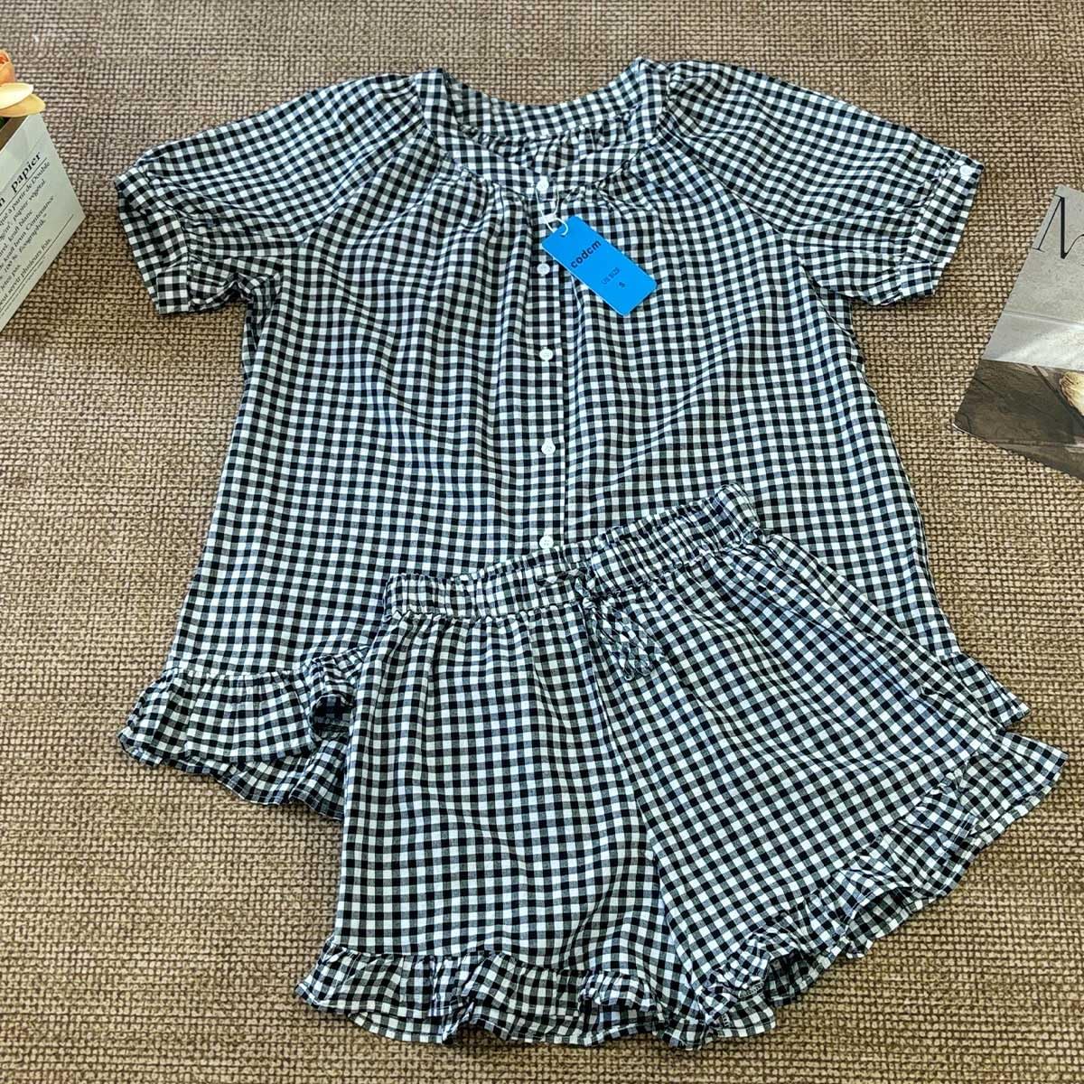 Womens 2 Piece Ruffle Pajama Set Gingham Pjs Short Sleeve Babydoll Shirt and Shorts Plaid Summer Outfits - Image 3