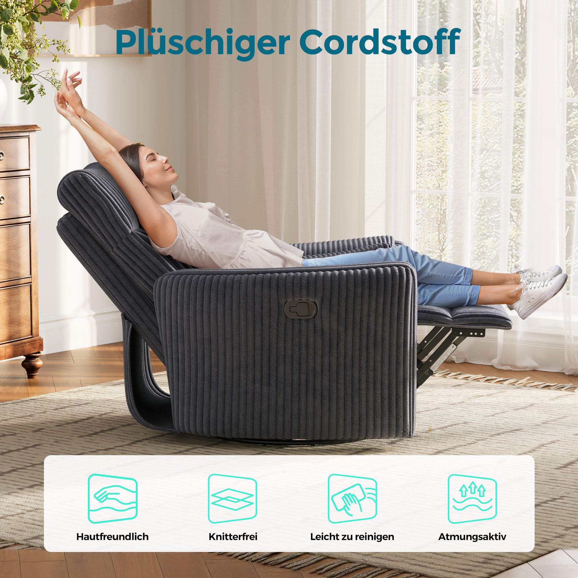 LINSY HOME 360 Swivel Nursery Relaxsessel, Corduroy TV Sessel mit 2 Kissen, Komfortabler High Back Sessel mit Liegefunktion für Kleine Räume, Kinderzimmer, Schlafzimmer, Wohnzimmer, Grau