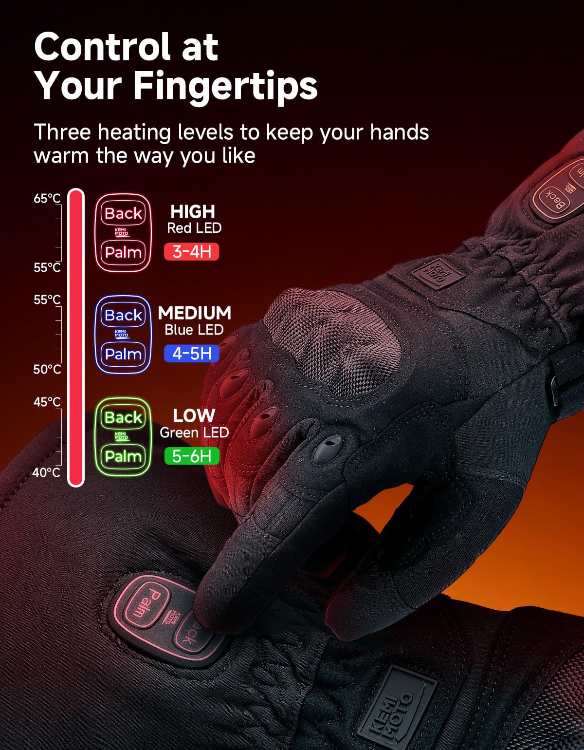 KEMIMOTO Gants Chauffants Moto Homme, Rechargeable Gants Tactiques d'hiver avec Batterie 3000 mAh et Contrôle Double Zone pour Le Travail, la Randonnée, la Chasse